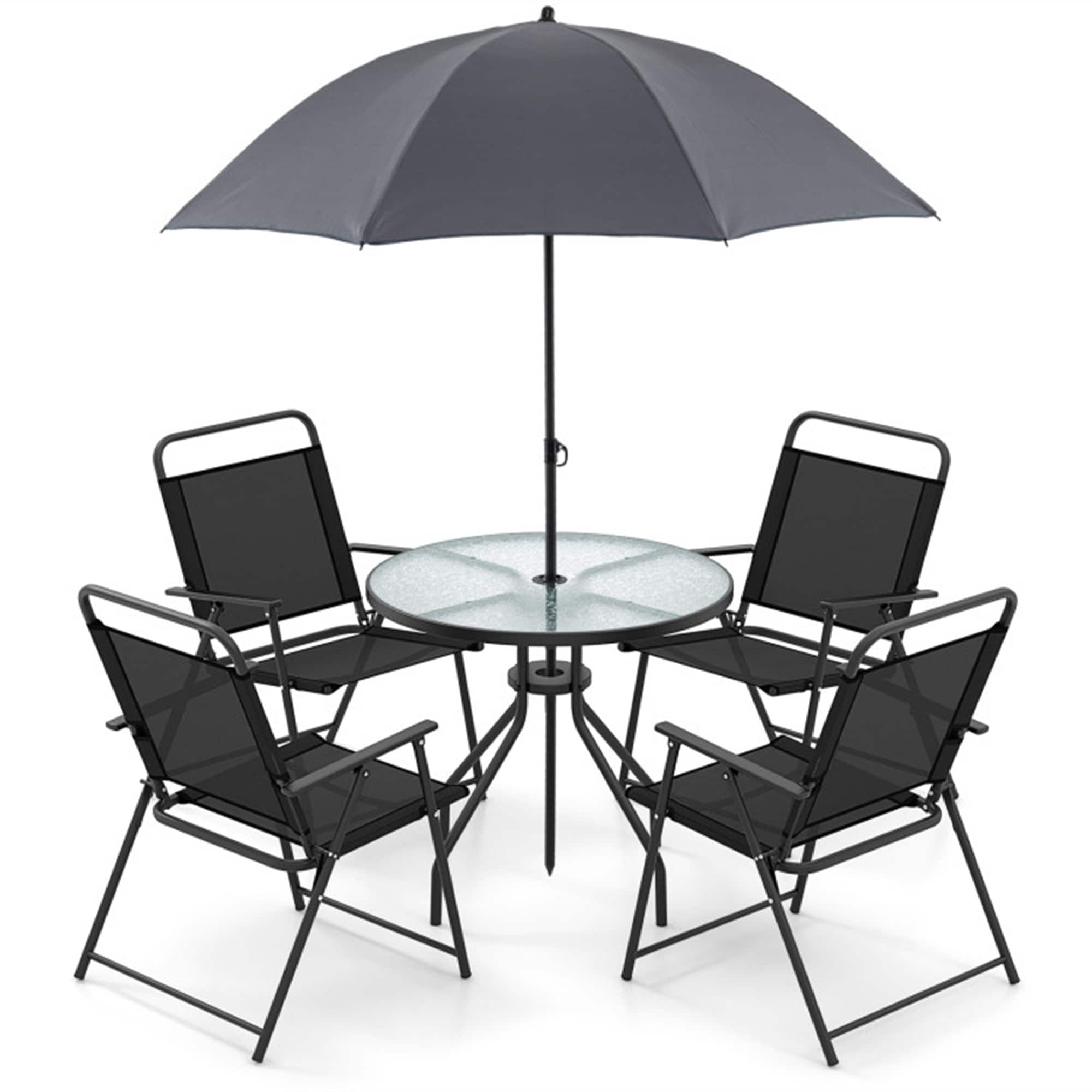 BABOOM BOM-P147521-OR Folding Patio Dining Set 6 -Piece black Patio Dining Set Steel Round Table with 4 Gray Stationary Chairs and Umbrella Included