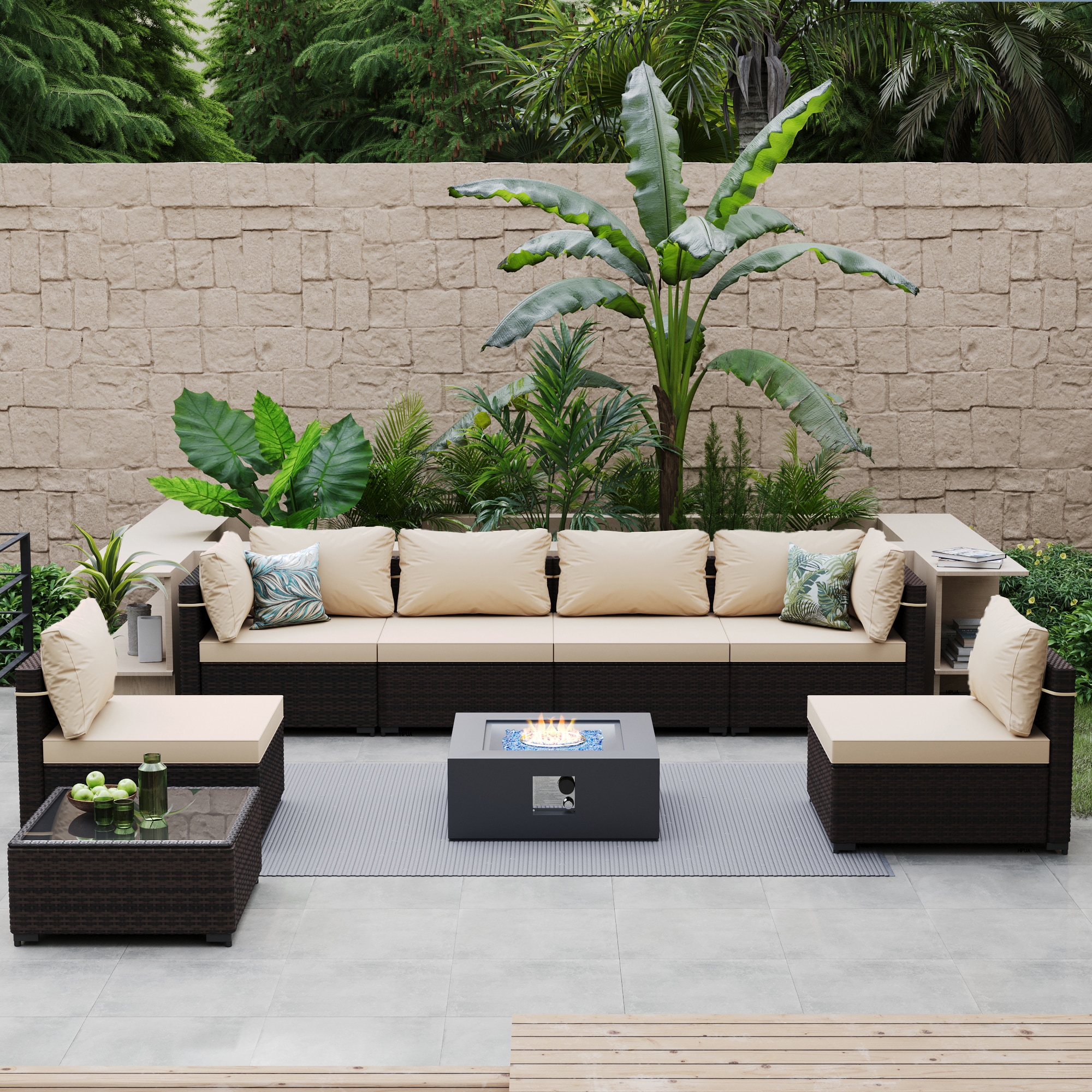 Patio Watcher RT7-BEIGE-F28TP 8-Piece Rattan Patio Conversation Set with Off-white Cushions