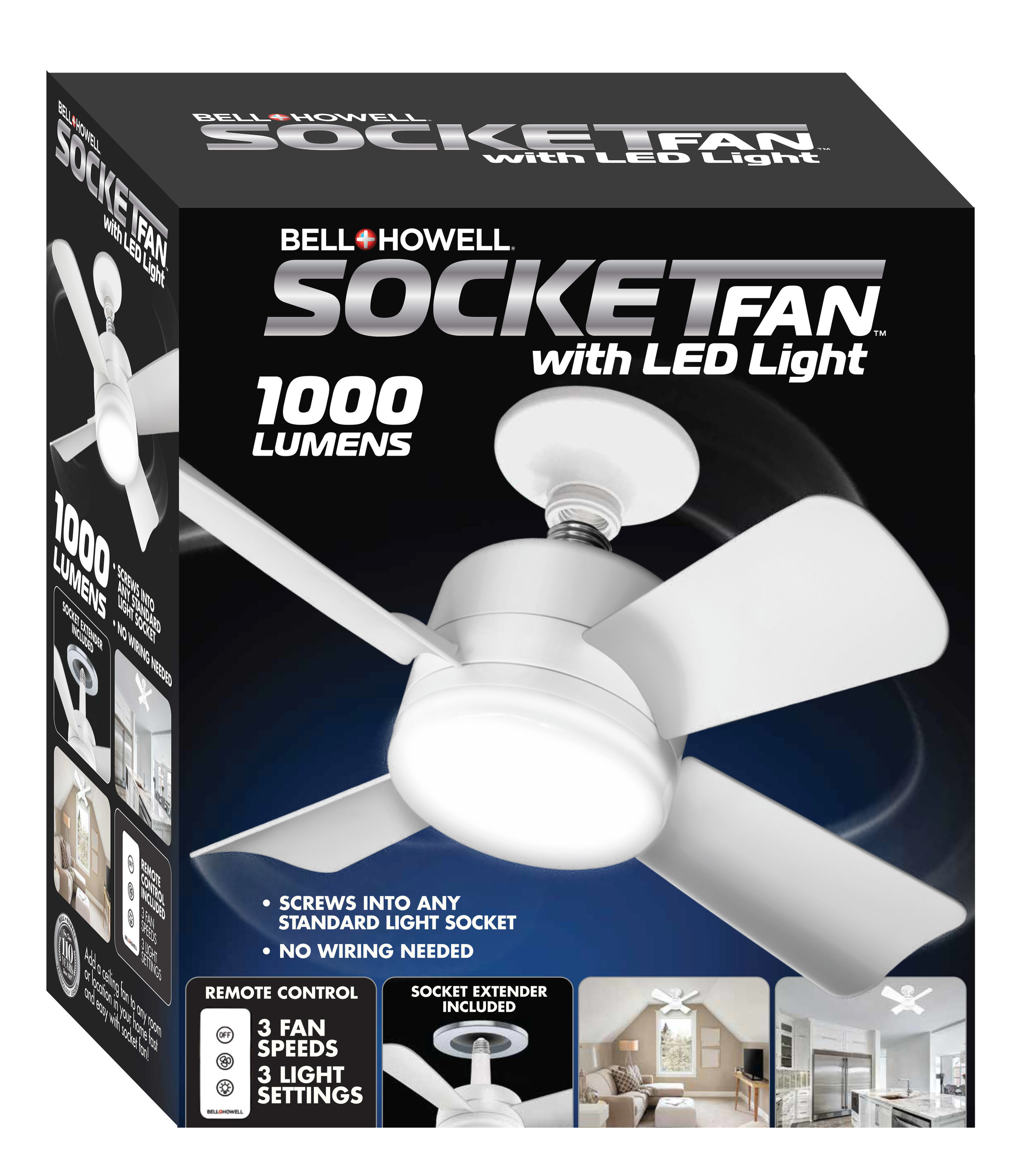Socket Ceiling Fan with Light and Remote Control 1000 Lumens - Bell + Howell: Light Socket Fan, 22 Inch, Small Kitchen Use
