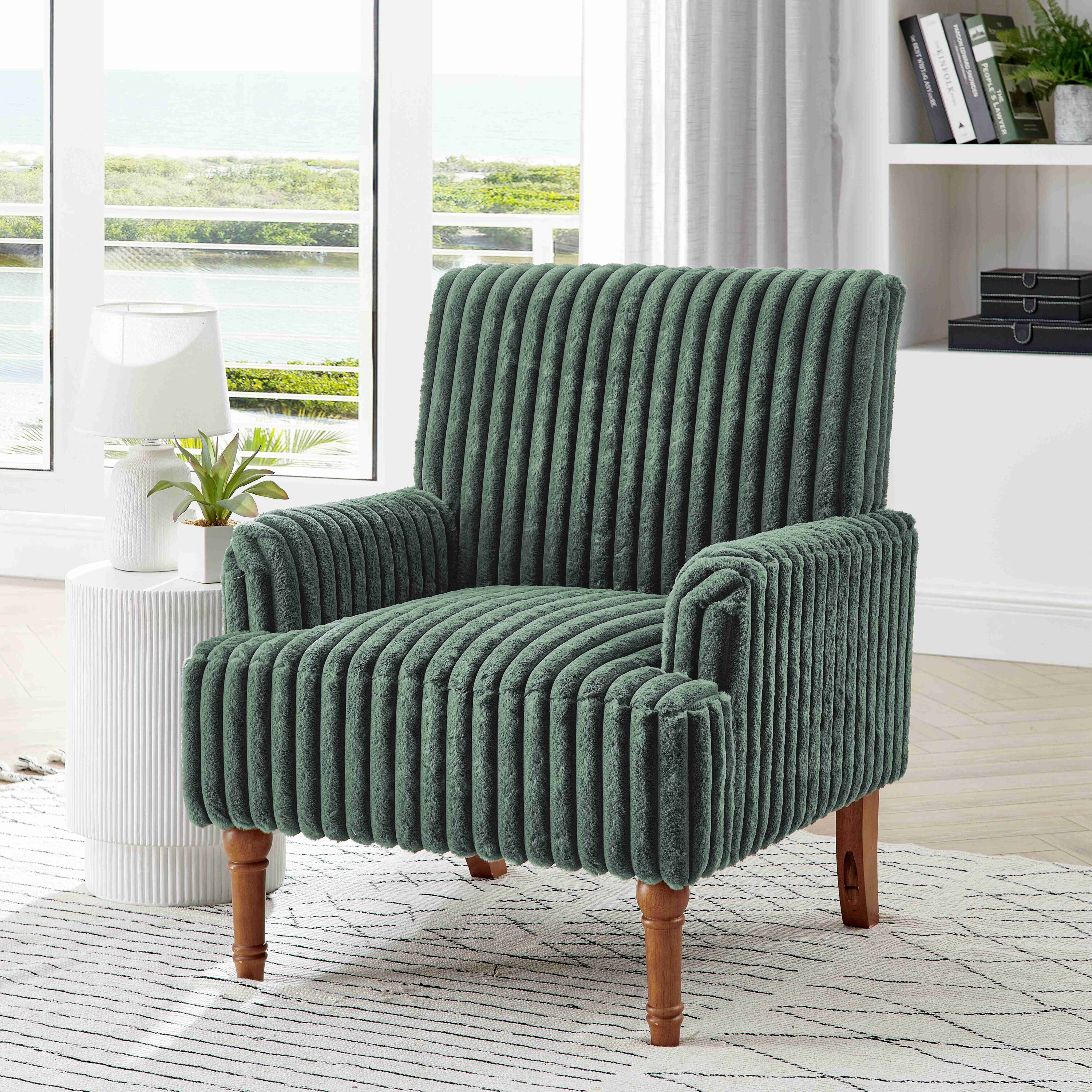 JPJPUU Modern Comfortable Upholstered Army Green Armchair Accent Chair with Wale Corduroy and 9in Solid Wood Legs