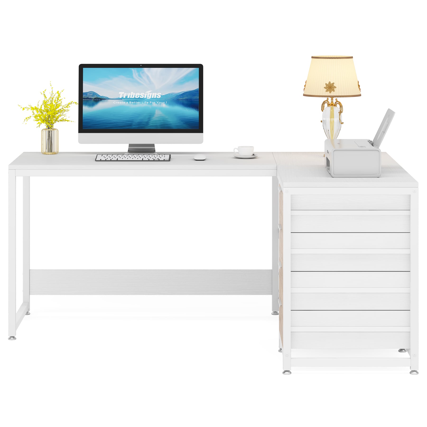 Tribesigns 59 inch W White L Shaped Computer Desk Writing Table