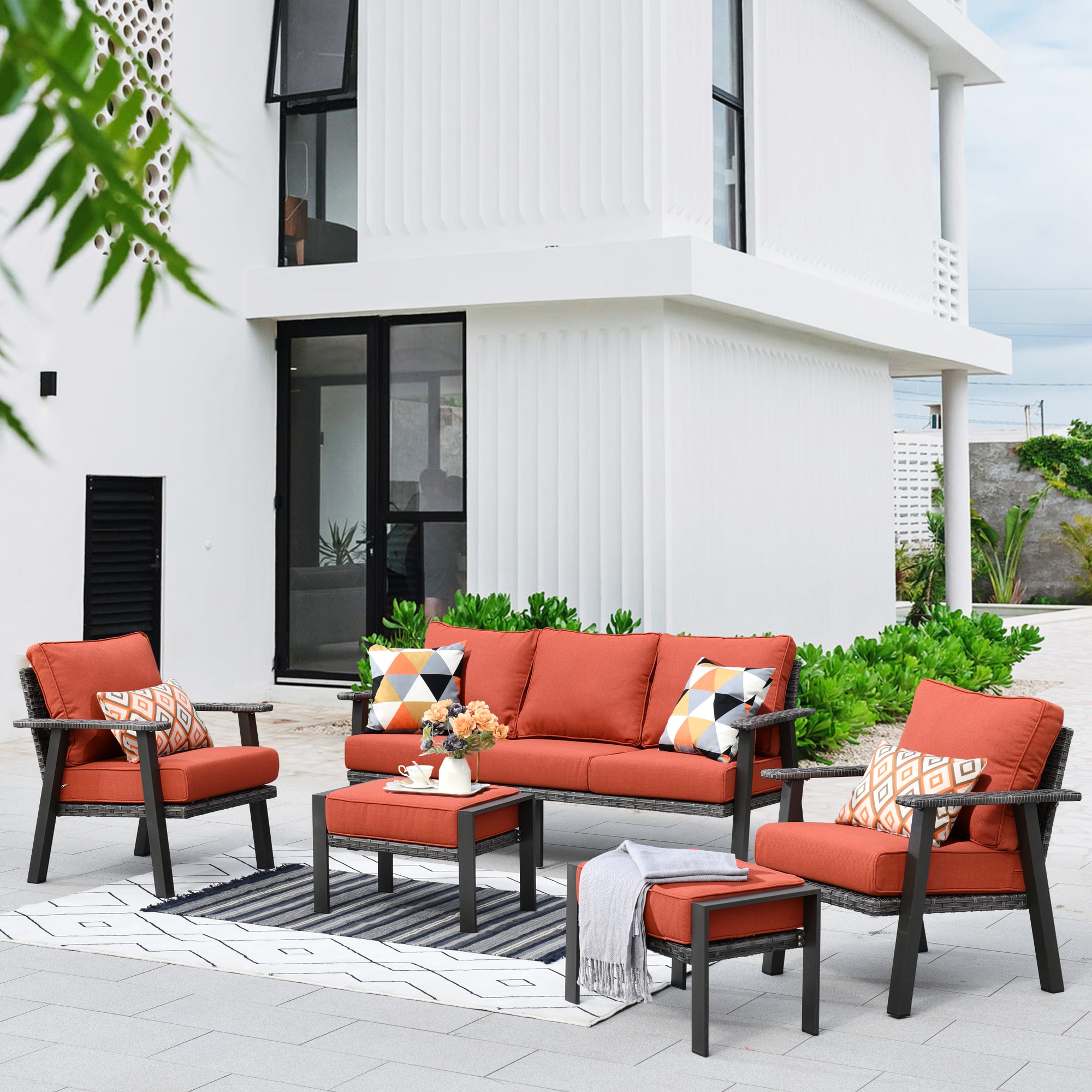 Pouuin SHW80TC05 5 -Piece Wicker Patio Sofa Conversation Set with Orange Cushions