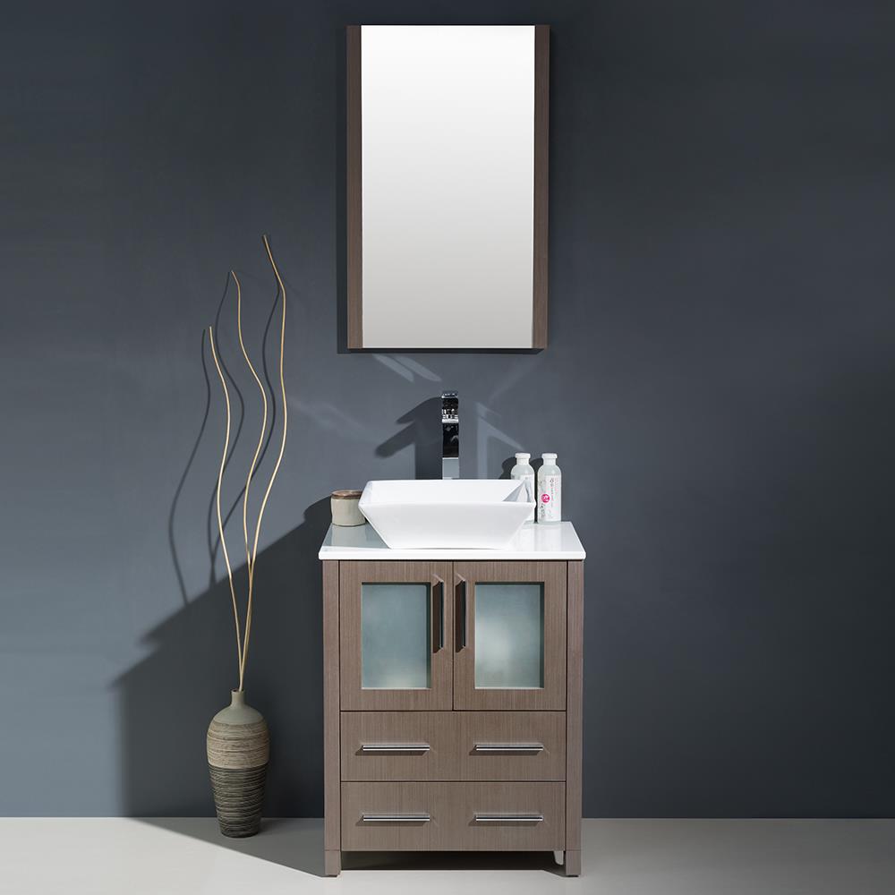 24" Gray Oak Modern Freestanding Vanity Set with Vessel Sink & Mirror