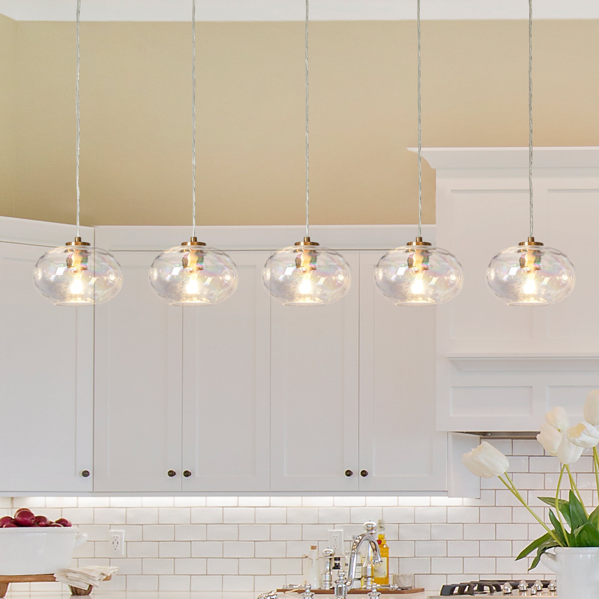 LNC Chrysaorican 52.4-in Ovesized 5 -Light Polished Gold with Iridescent Glass Modern/contemporary Art glass Crystal Linear Large Hanging Kitchen Island Light