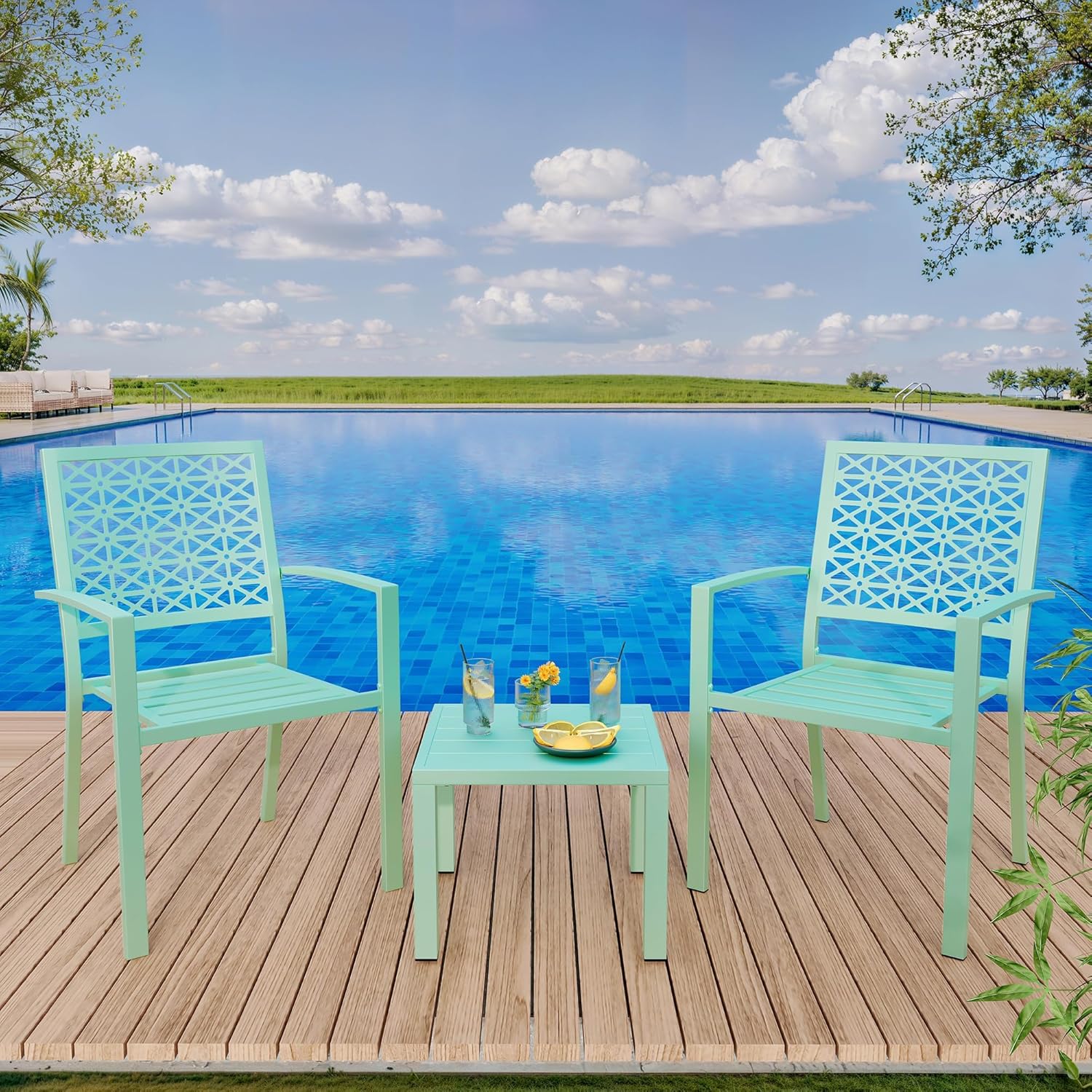 Qeetex DHZ-PPG-334XS8Q6 3-Piece Outdoor Bistro Set Modern Steel Patio Furniture with 2 Stackable Chairs and 1 Table for Garden Balcony Poolside Rust Resistant Dining Set