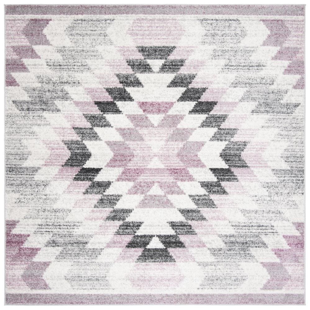 Plum and Ivory Geometric Square Synthetic Area Rug, 7'x7'