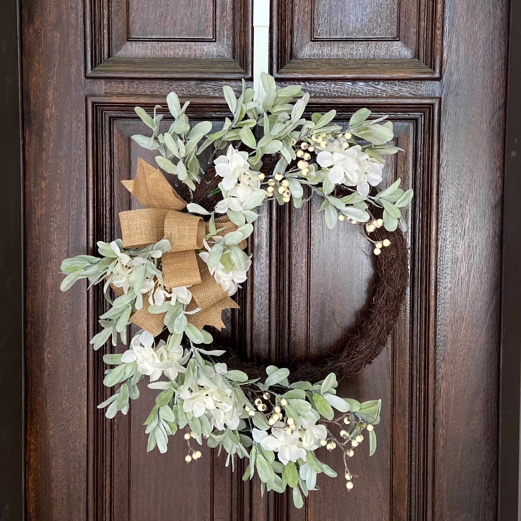 Crescent Grapevine Hydrangea Wreath with Burlap Bow - 28''