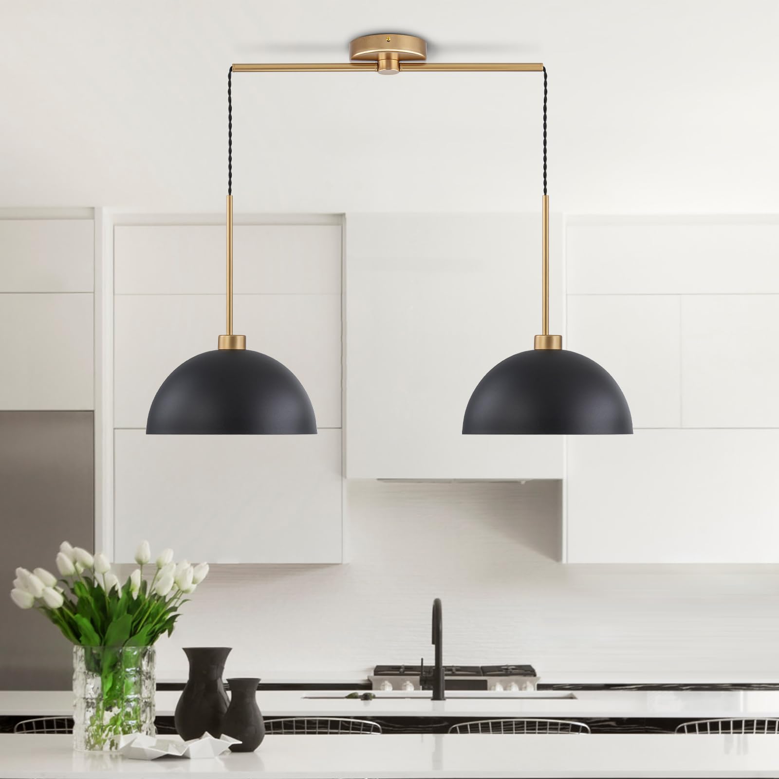 AOIZGMY  Farmhouse Pendant Lights Kitchen Island Two Light Black and Gold Dome Pendant Light Industrial Modern Lighting for Dining Room Restaurant