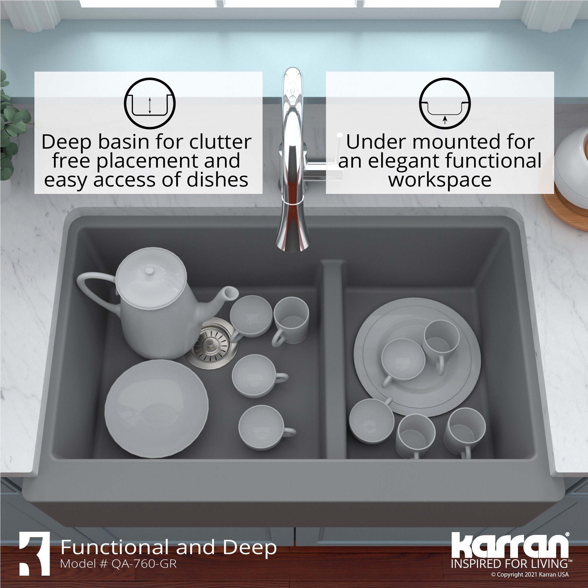 Gray Quartz 34'' Double Bowl Farmhouse Kitchen Sink Kit