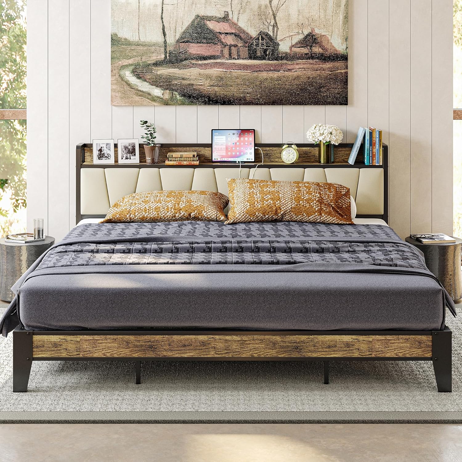 Likimio IAONE14BLTMQUY9D 78-in W Walnut and Beige King Bed Frame with Storage Headboard and Charging Station