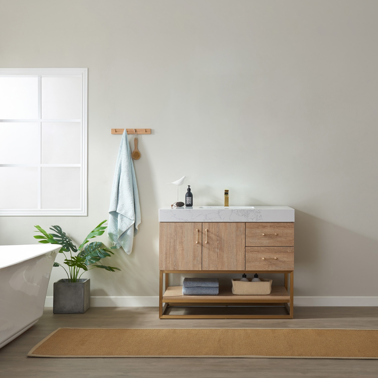 42" Oak Vanity with White Stone Top and Brushed Gold Trim
