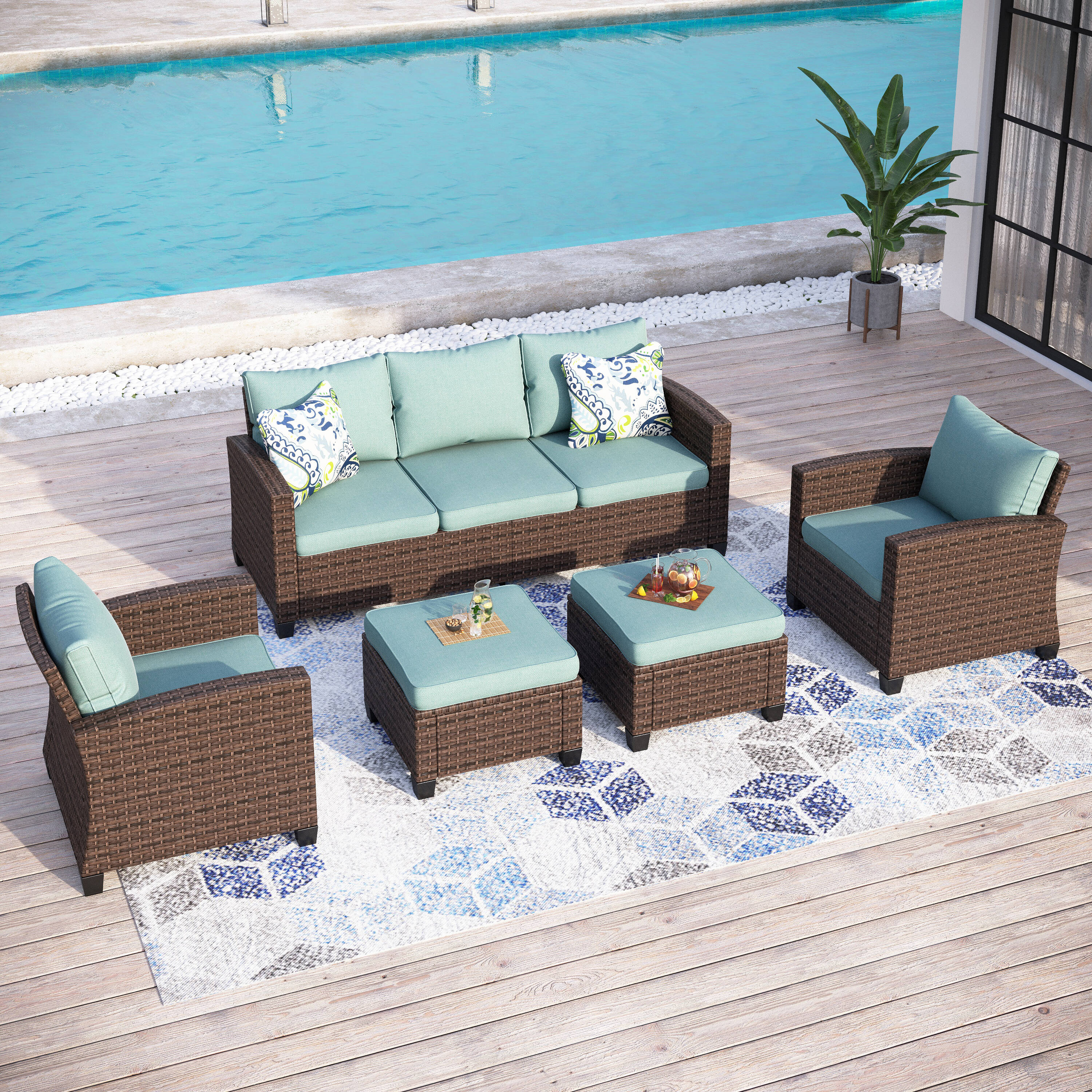 Sunshine Valley CR007-03-7-BU 5-Piece Wicker Patio Sofa Conversation Set with Blue Cushion Pro Cushions