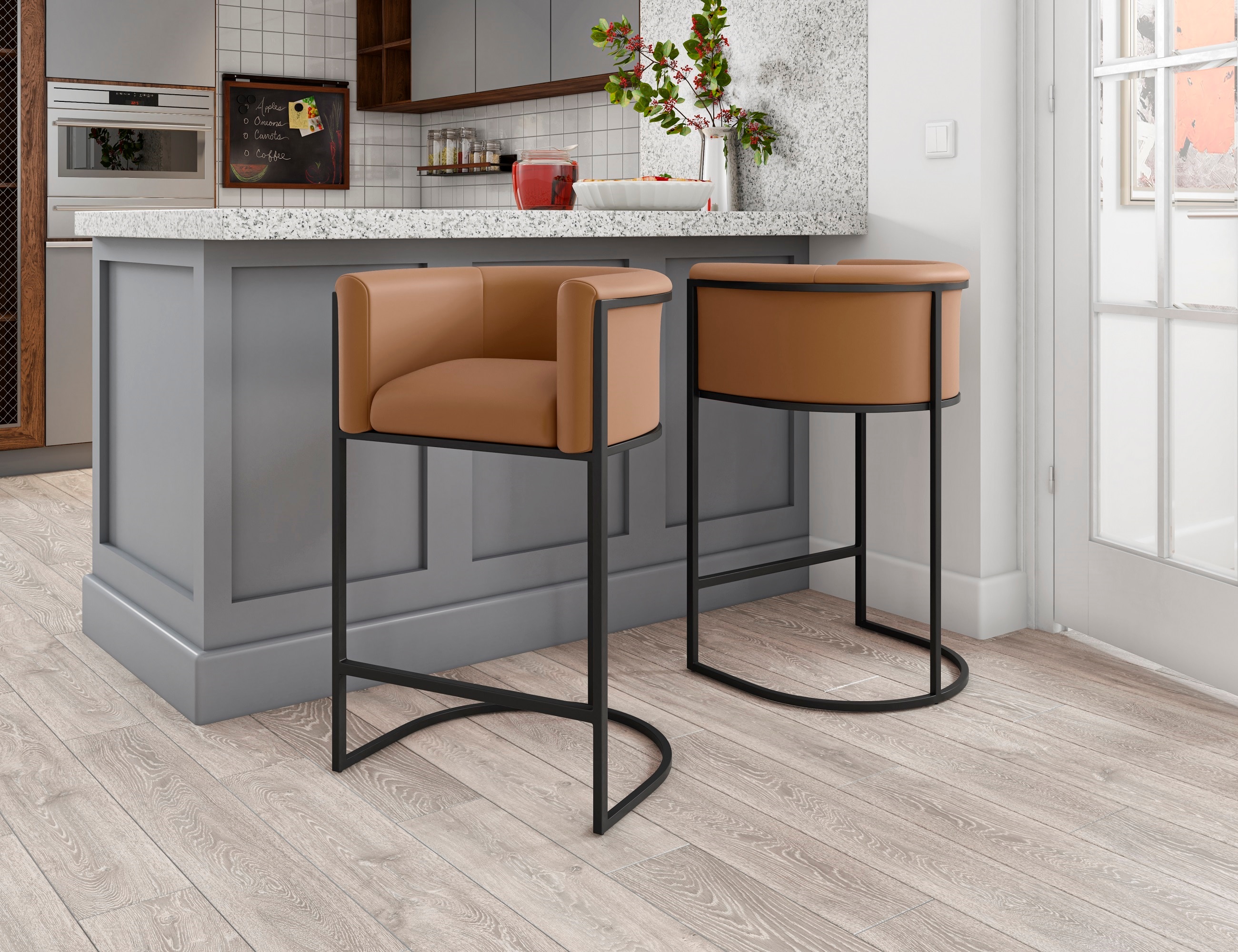 Manhattan Comfort 3-CS008-CL Cosmopolitan 3 -Set Camel and Black 25.5-in H Counter height Bucket seat Upholstered Metal Bar Stool and Back