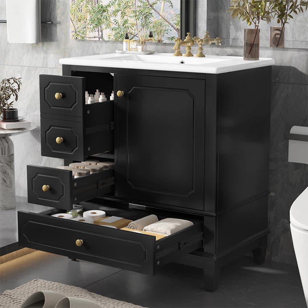JUJABU ZJBATHVANTIY-3 Black 30in Bathroom Vanity with Sink and Ceramic Basin Solid Wood Frame Soft-Close Door MDF and Rubber Wood for Bathroom