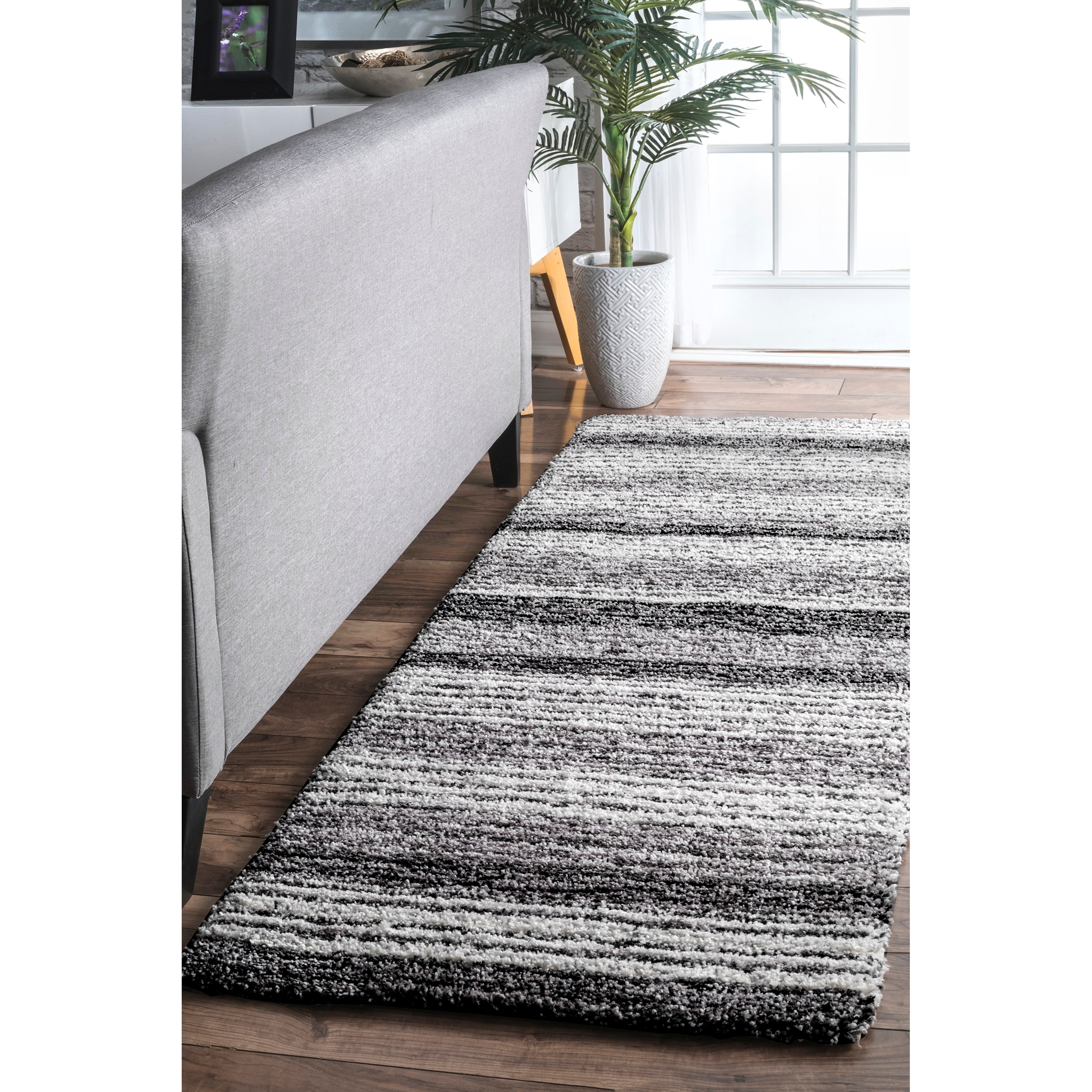 Striped Shaggy Long Rugs for Bathroom Cozy Shag Collection Gray