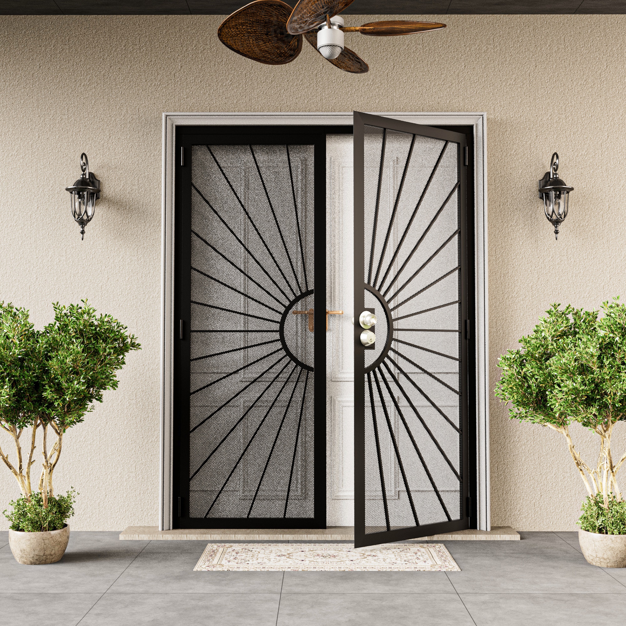JUJUBON EX-SECDSD-BLTY-64 Security door 64-in x 80-in Black Steel Recessed or surface mount Universal/Reversible Prehung Double Security Door with Black Screen and No bore