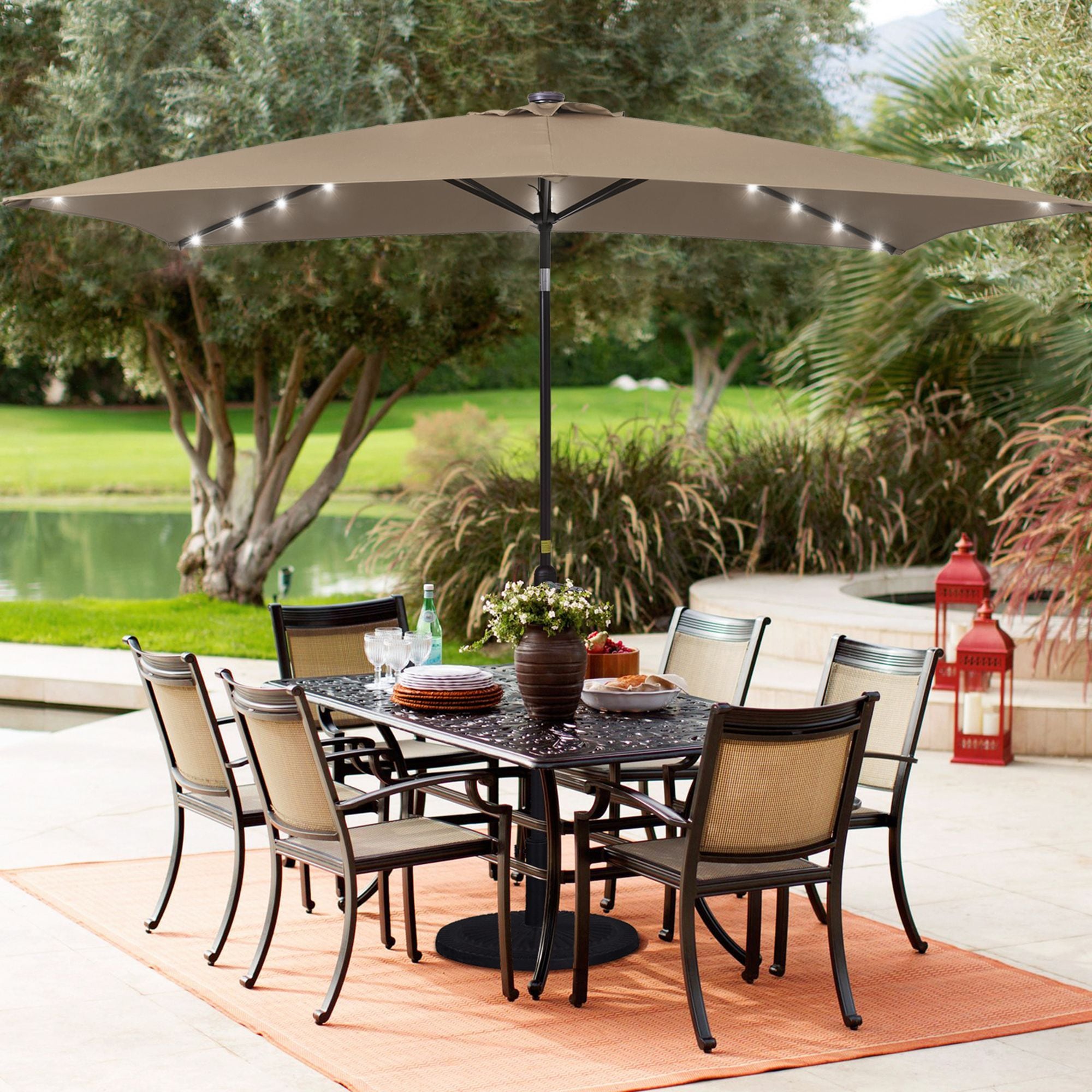 Sonkuki SD-127K-LED 10-Feet Steel Tan Push-button Tilt Market Patio Umbrella with Lights and