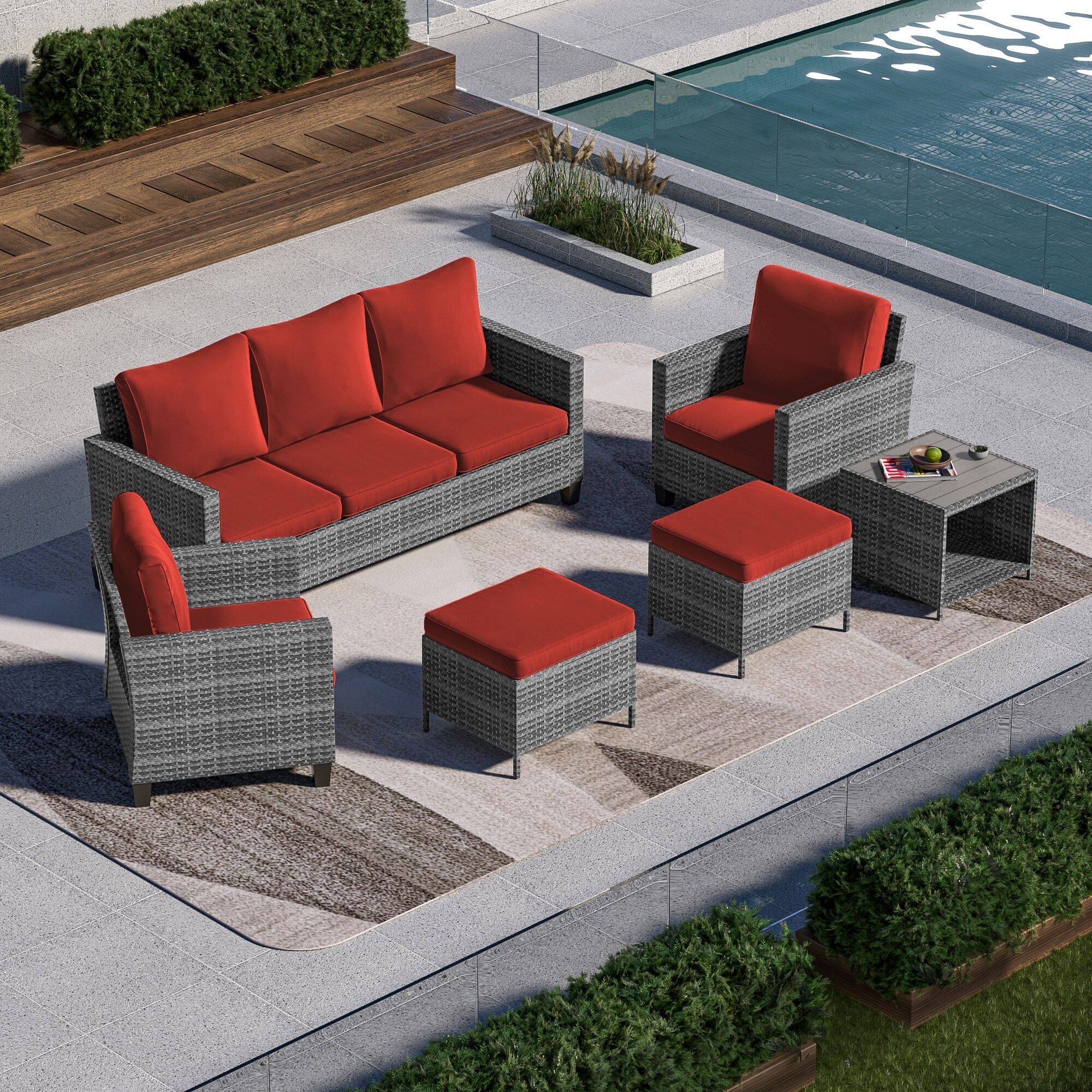 ACEGOSES LW-115HOG-T1 6 -Piece Wicker Patio Sofa Conversation Set with Red Cushions