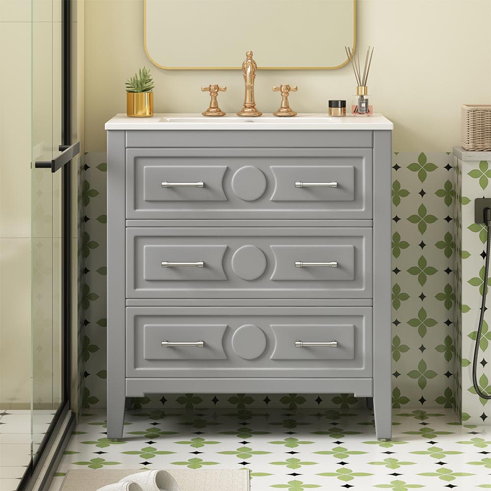 JUJABU BATHVANITY -3 Gray 30Inch Bathroom Vanity with Ceramic Sink Combo Free Standing Single Vanity Set with 3 Drawers
