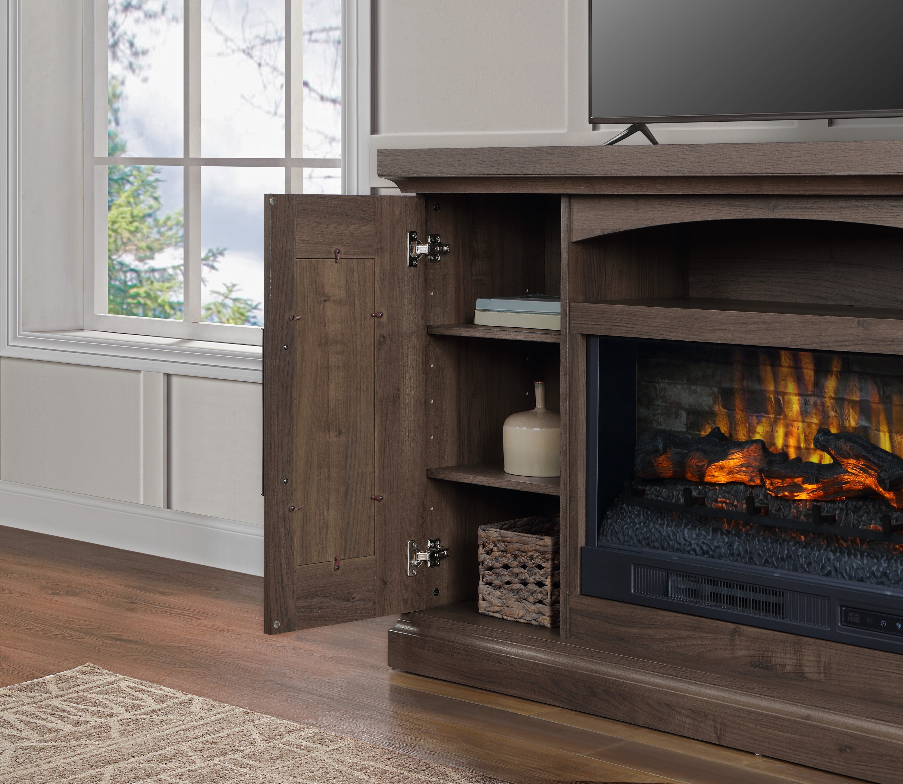 allen + roth 62in W Brown TV Stand with Infrared Quartz Tabletop