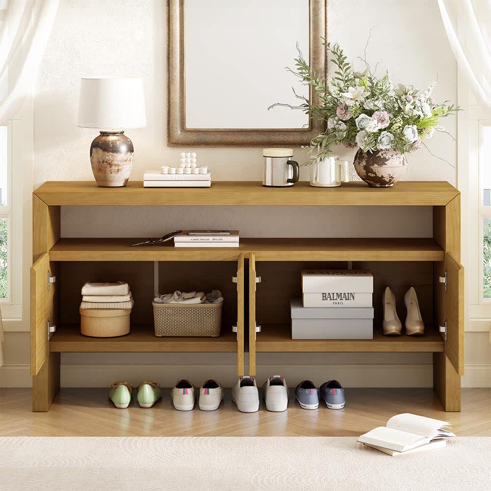 JUJABU ZJSIDEBOARD-6 Natural 60In 3-Door Sideboard with Open Shelf Natural Wood Grain Large Capacity Storage Console for Living Room Hallway Dining