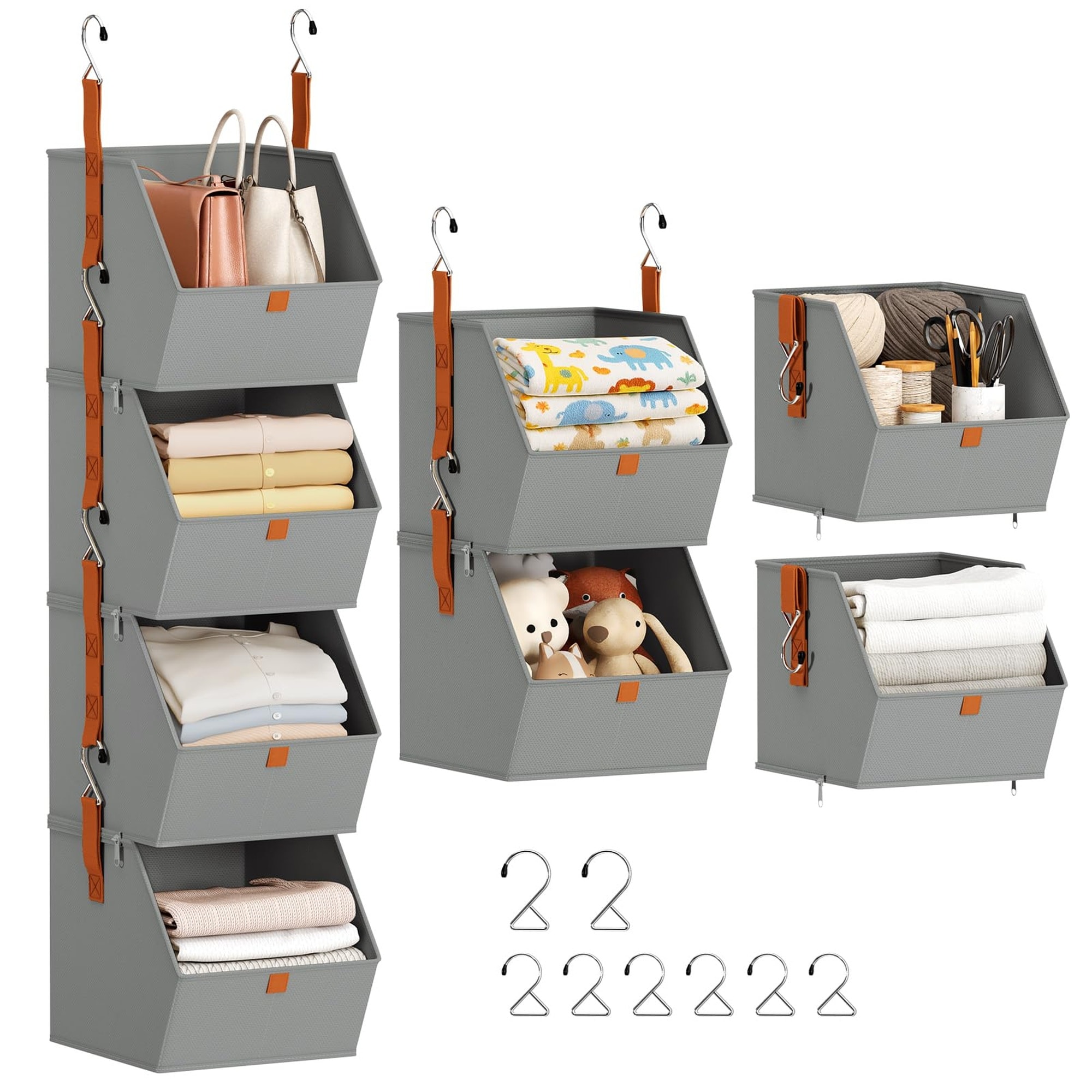 Wudkey - Gray Fabric 4 Tier Hanging Closet Organizer Collapsible Storage Shelves Space Saving Clo...