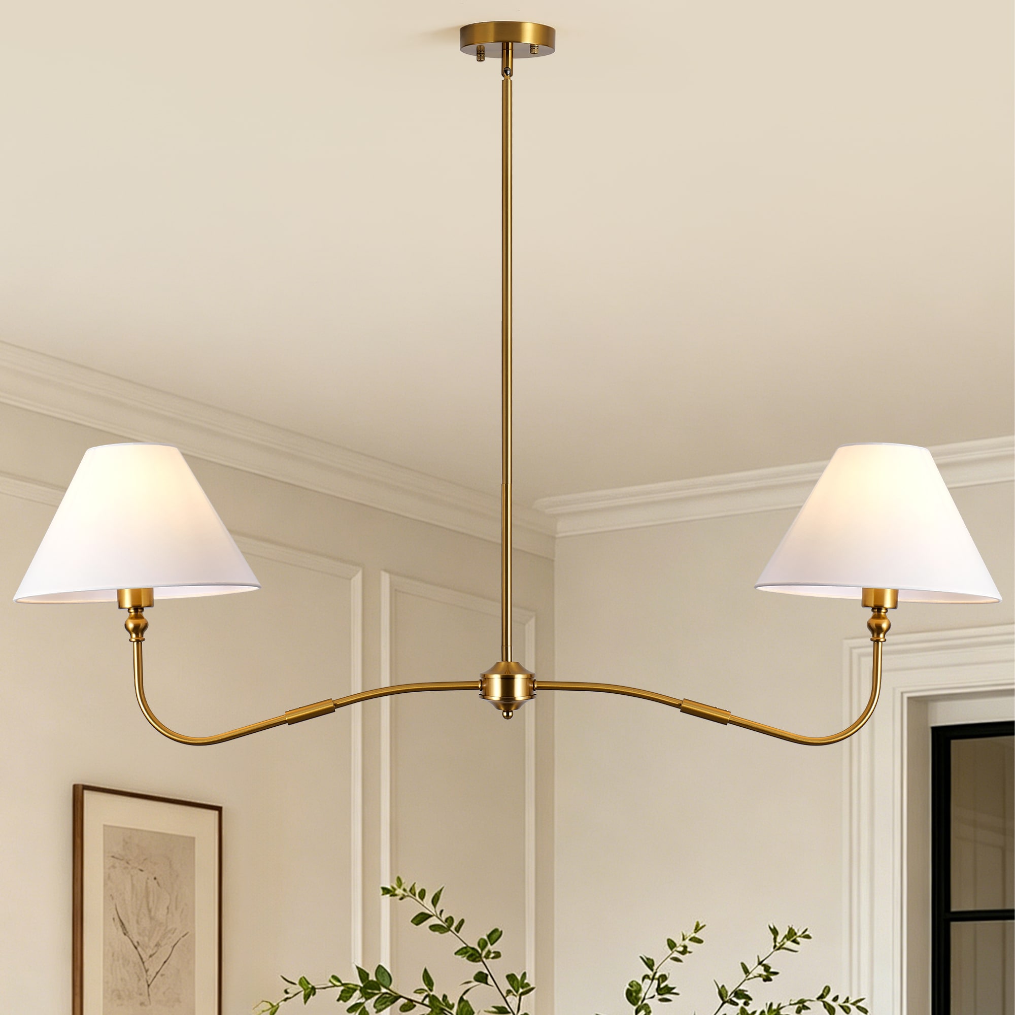 ZemSum 46.5-in 2-Light Gold Farmhouse Pendant Light With Fabric Shade
