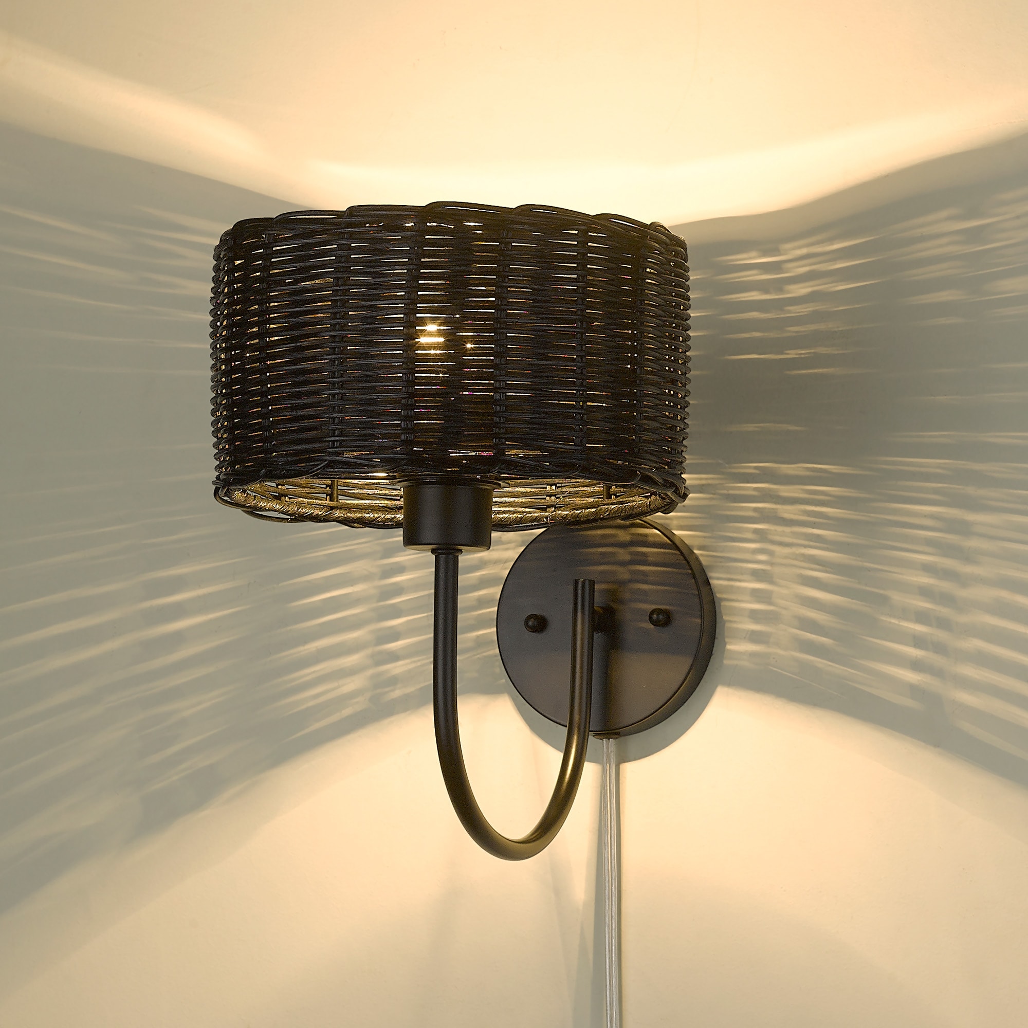 Matte Black Wicker and Steel Wall Sconce