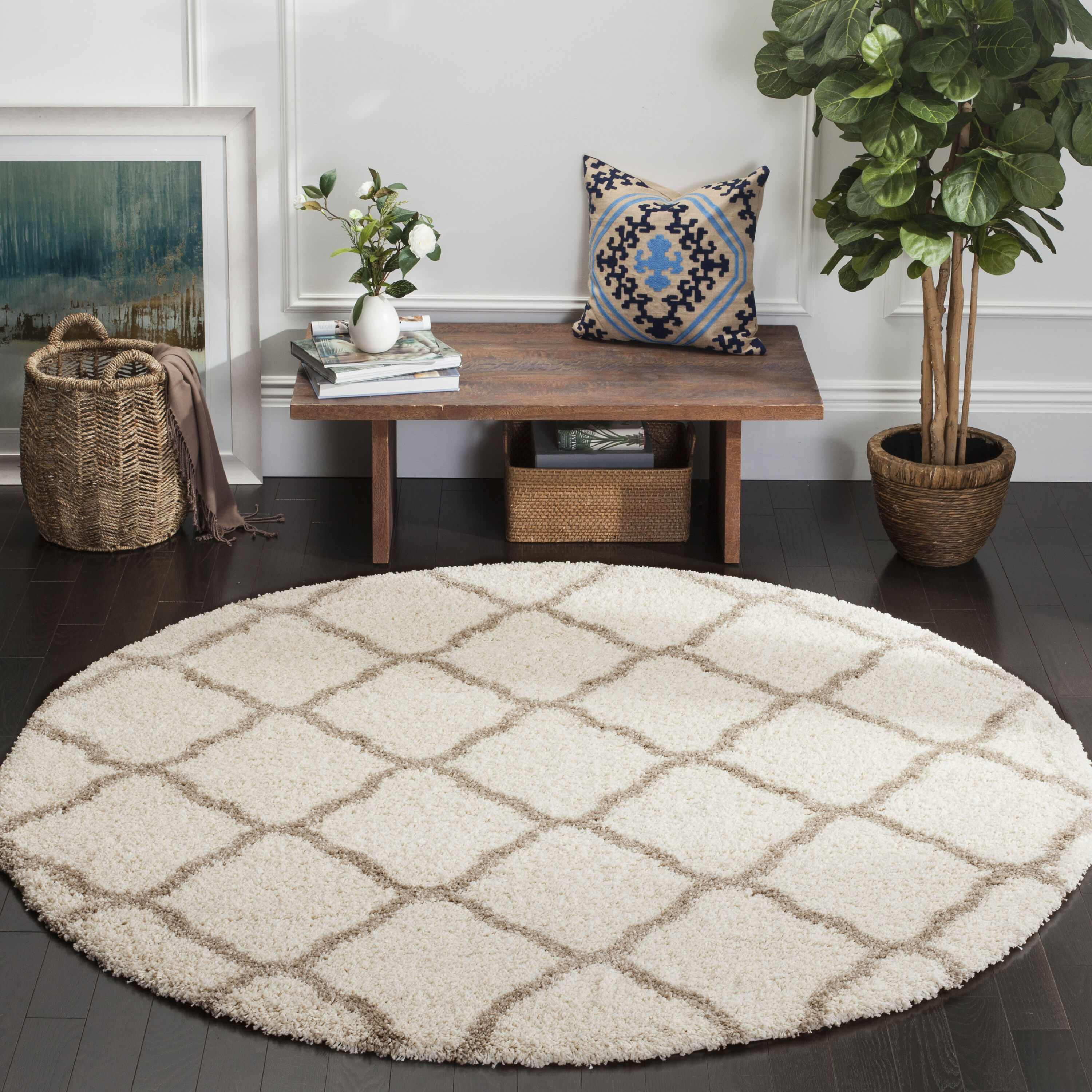 Safavieh SGH283D-7R Hudson Sabine Shag 7 x 7 (ft) Loomed Polypropylene Ivory/Beige Round Indoor Trellis Area rug