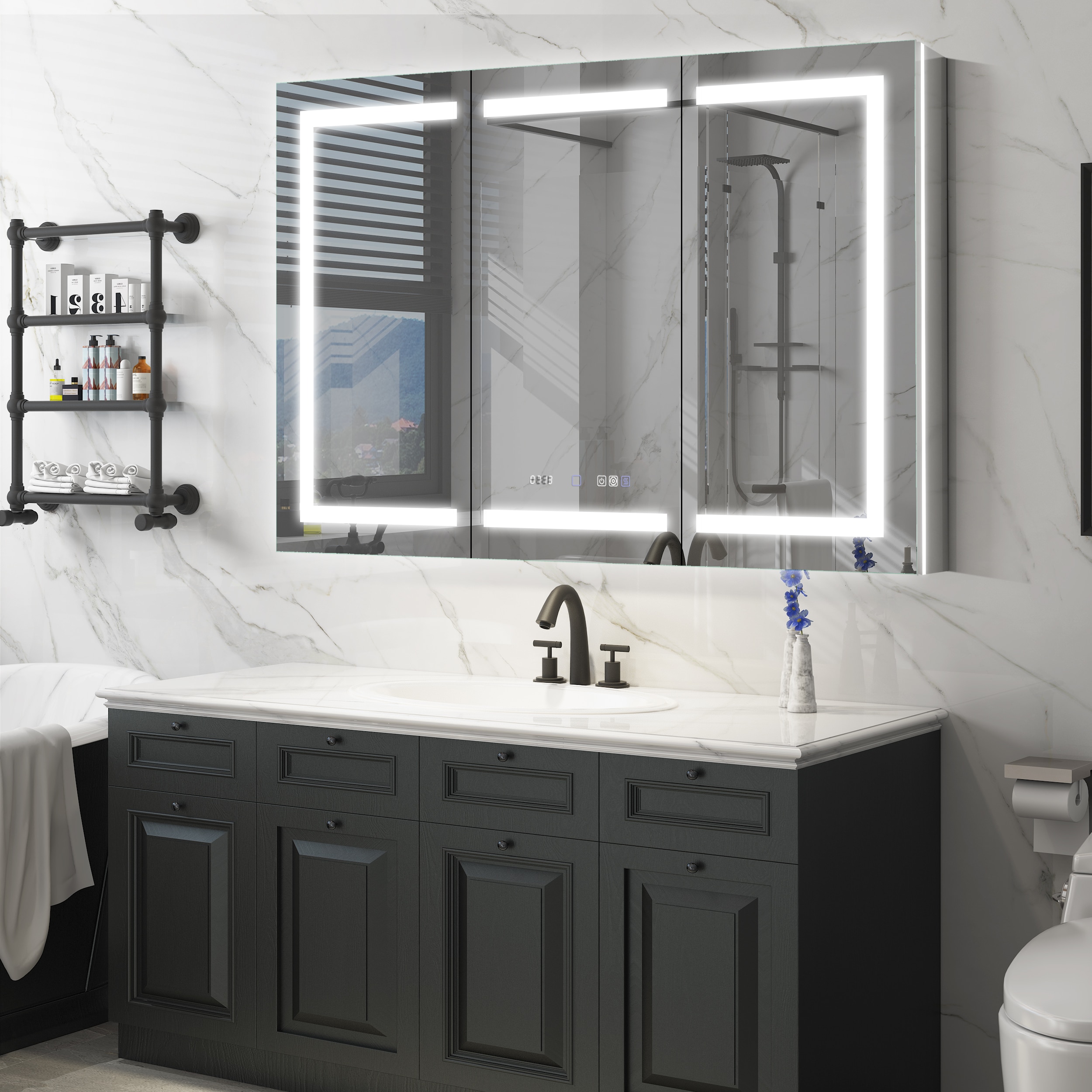WELLFOR AYLA 36-in x 30-in Lighted LED Fog Free Surface/Recessed Mount Black Soft Close Medicine Cabinet with Outlet