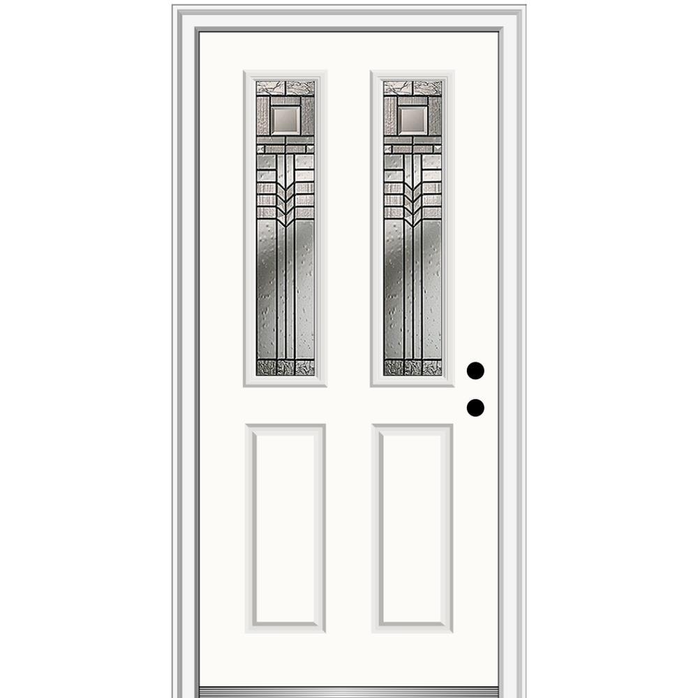 MMI DOOR ZZ3664257L 36-in x 80-in x 4-9/16-in Fiberglass Twin lite Left-hand inswing Alabaster Painted Prehung Front Door with Brickmould Insulating core