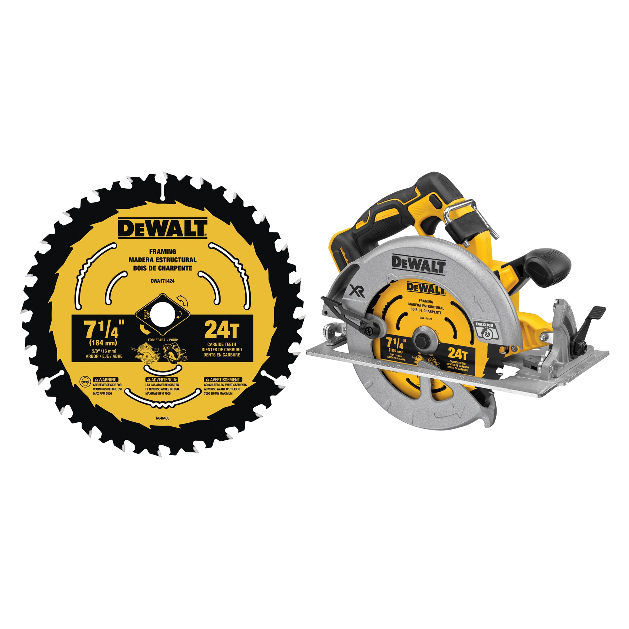 DEWALT XR POWERDETECT 20-Volt Max 7-1/4-in Cordless Circular Saw & 7-1/4-in 24-Tooth Tungsten Carbide-Tipped Steel Circular Saw Blade