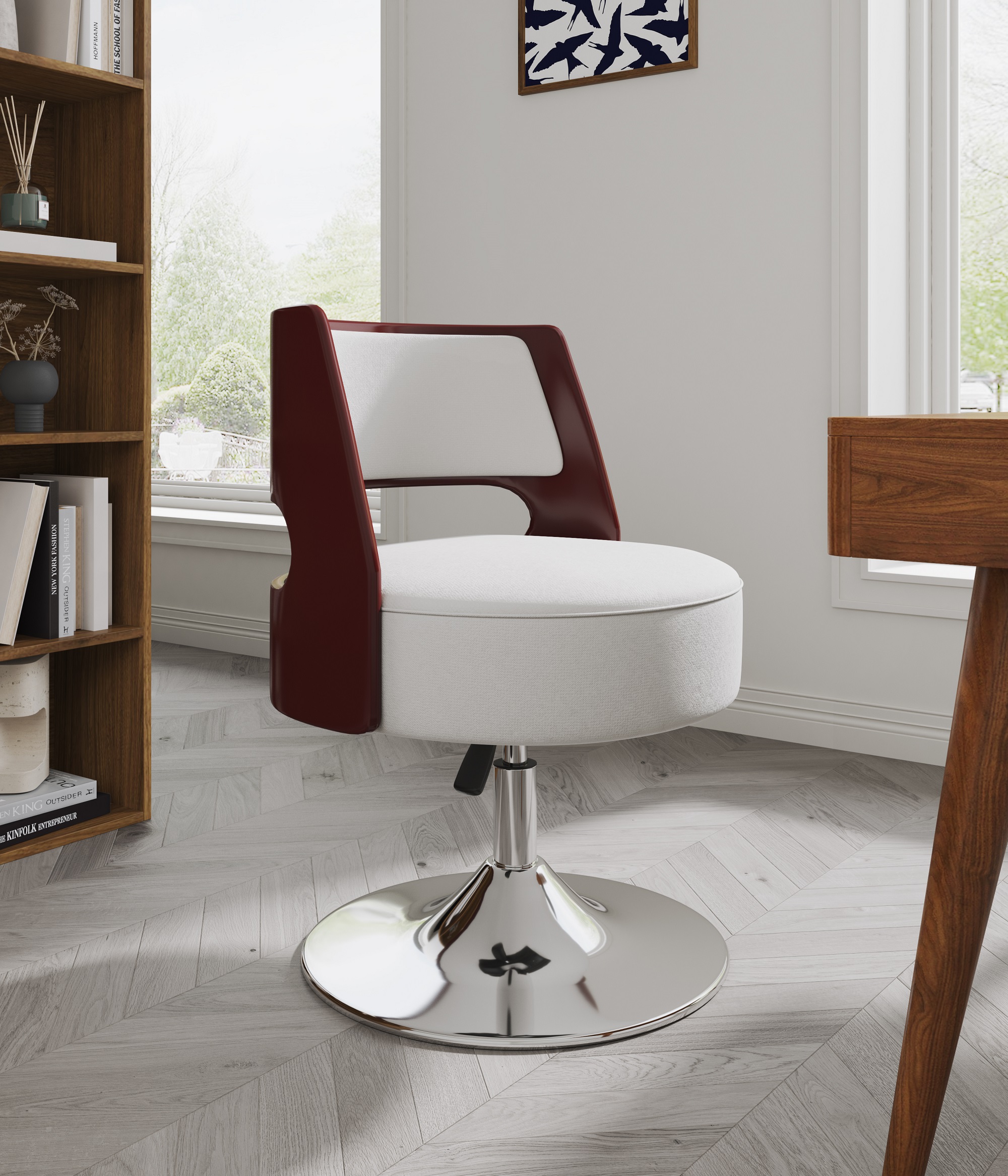 Manhattan Comfort AC034-WH Salon Modern White and Polished Chrome Faux Leather Swivel Accent Chair