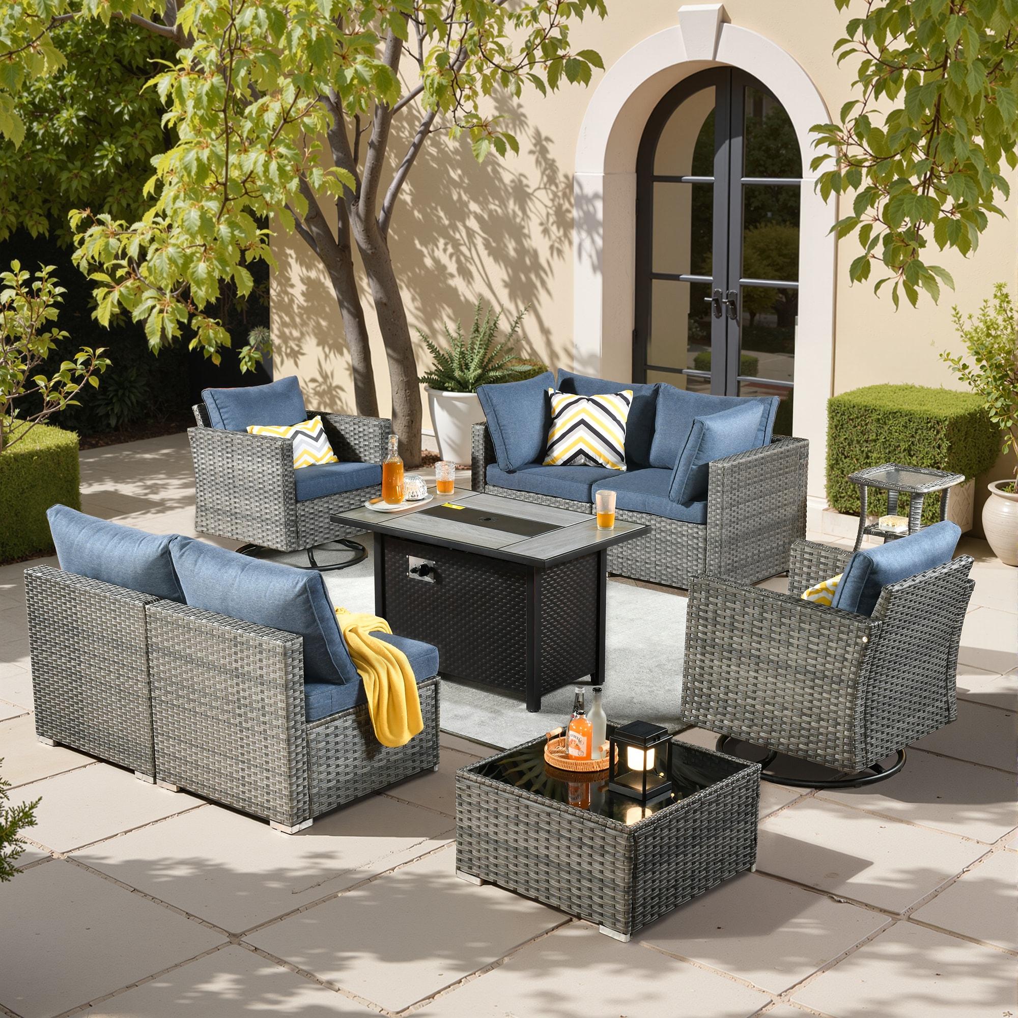 weaxty DCFP03RRSGRS309 Kuuga 9 -Piece Rattan Patio Conversation Set with Blue Cushions
