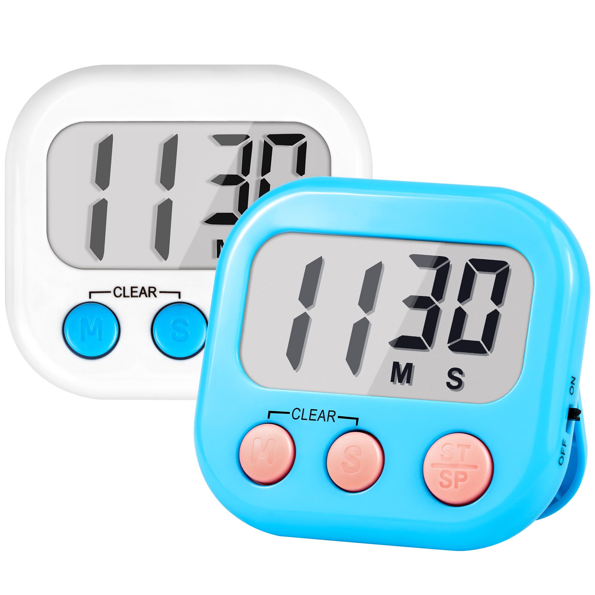 LILILIAN FMY  Digital Kitchen Timer for Kids and Teachers Large Display Loud Alarm Magnetic Back 2 Pack White Blue durable