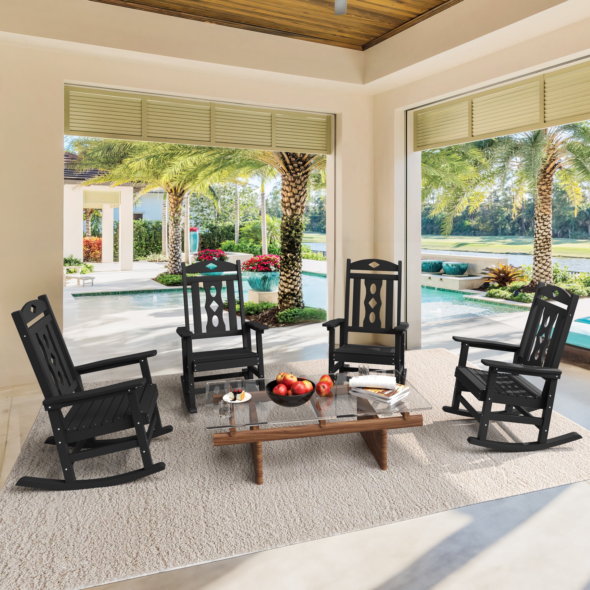 LUE BONA 4LB23PC0011-100LS Set of 4 Black HDPE Frame Rocking Chair with Solid Seat