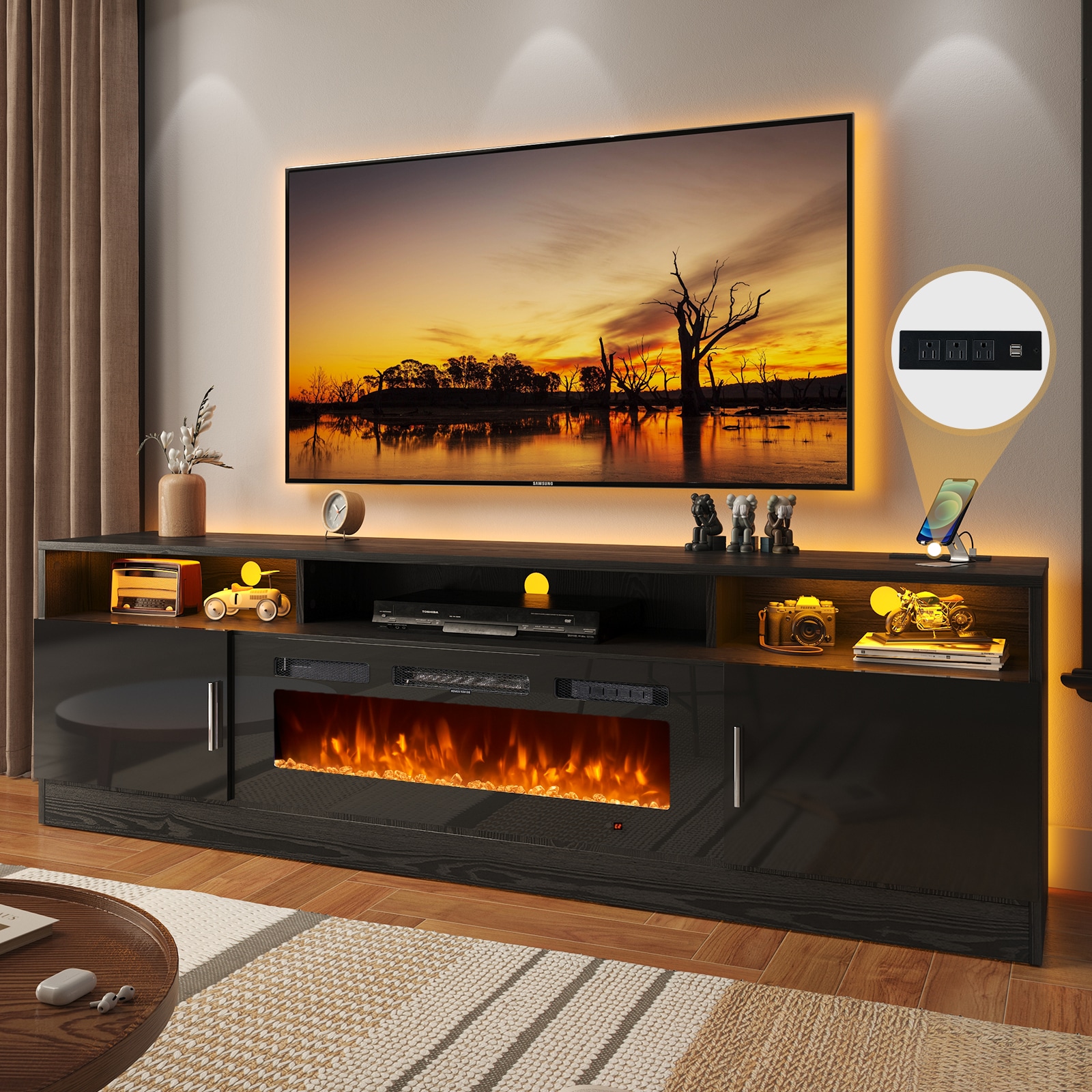AOXUN H21025BR-15+H20024 70-in W Black TV Stand with LED Flat wall Electric Fireplace with Remote Control Included