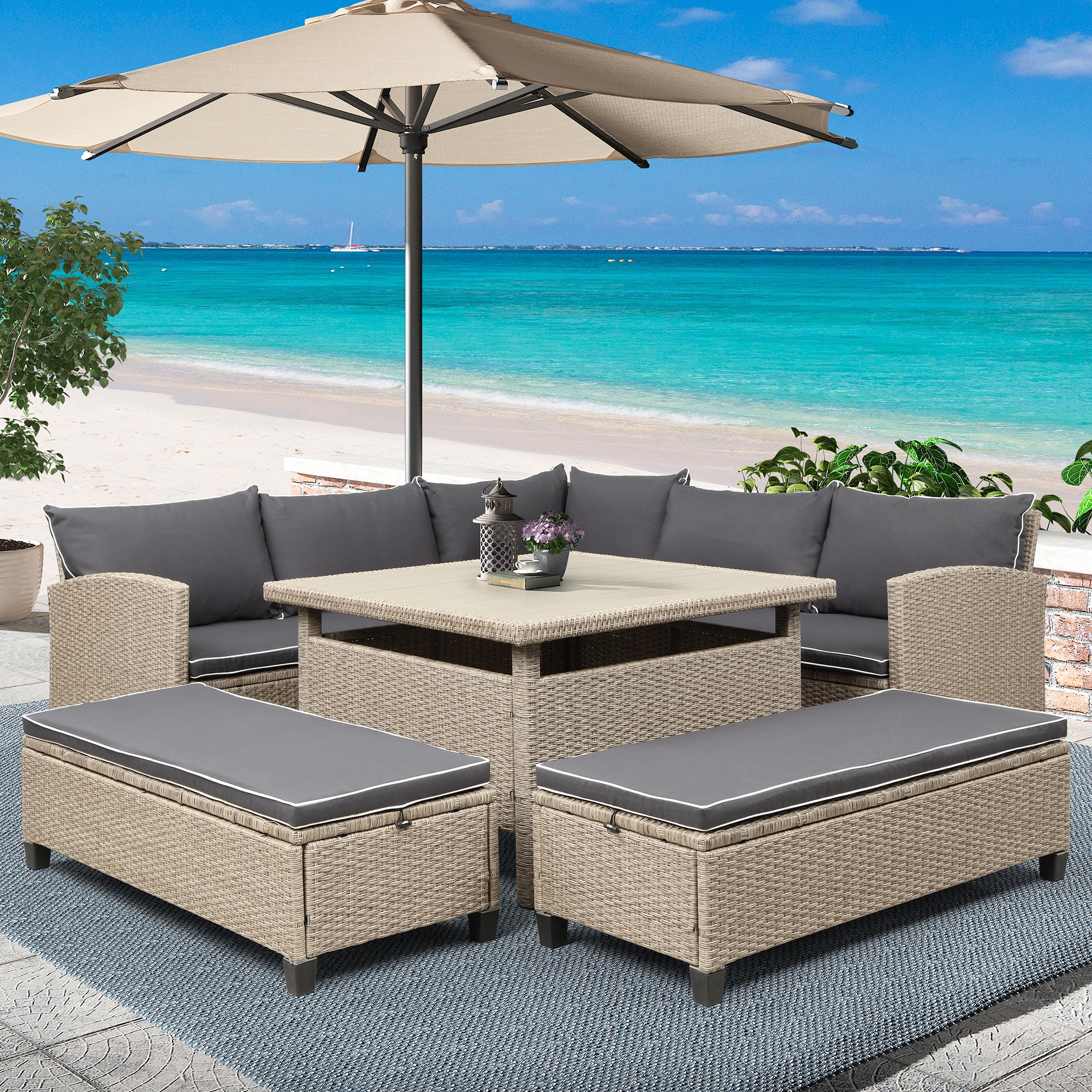 Bayfeve BFTP-100AAE 6-Piece Patio Conversation Set Outdoor Furniture Set Wicker Rattan Sectional Set with Table and Benches