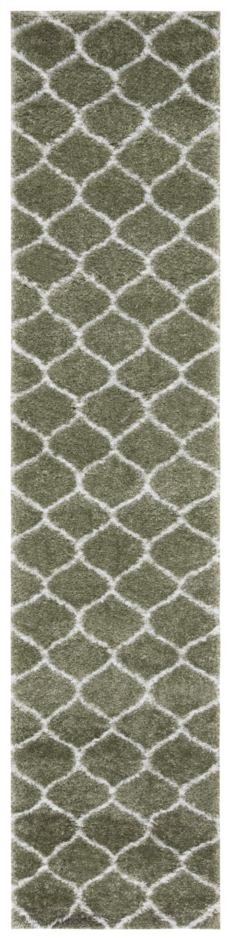 Sage and White Geometric Shag Runner Rug 2' x 9'
