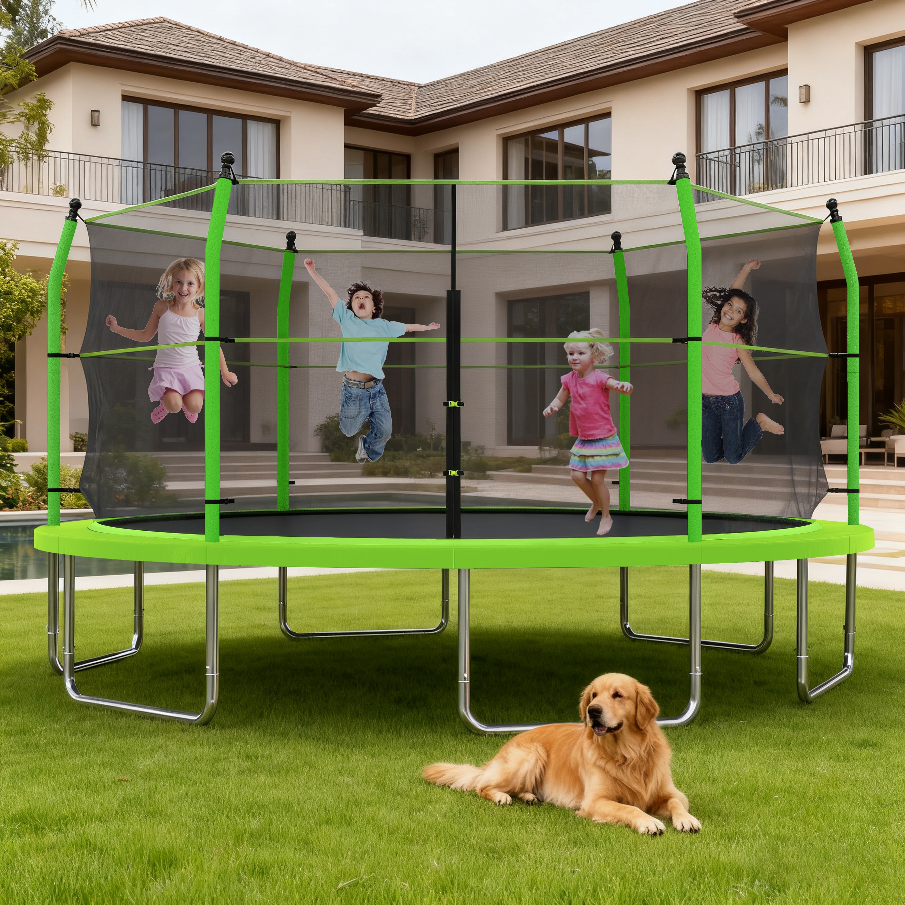 GDFStudio 357950 16ft Trampoline with Ladder and Enclosure Net for Kids and Adults Heavy-duty 16 Inch Outdoor Trampoline for Backyard