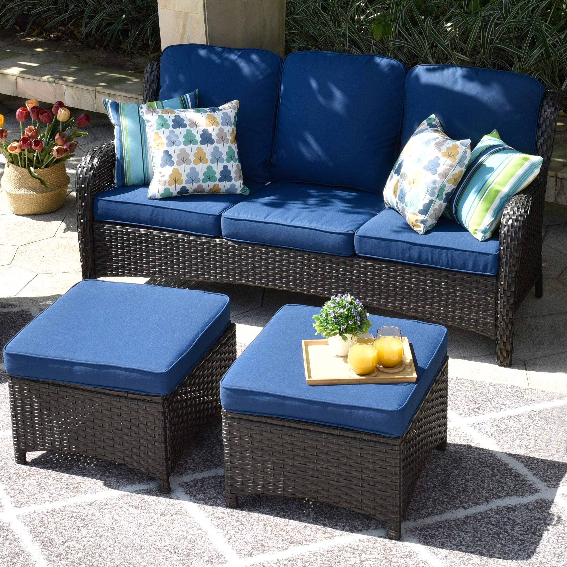 outdoor sofa with blue cushions