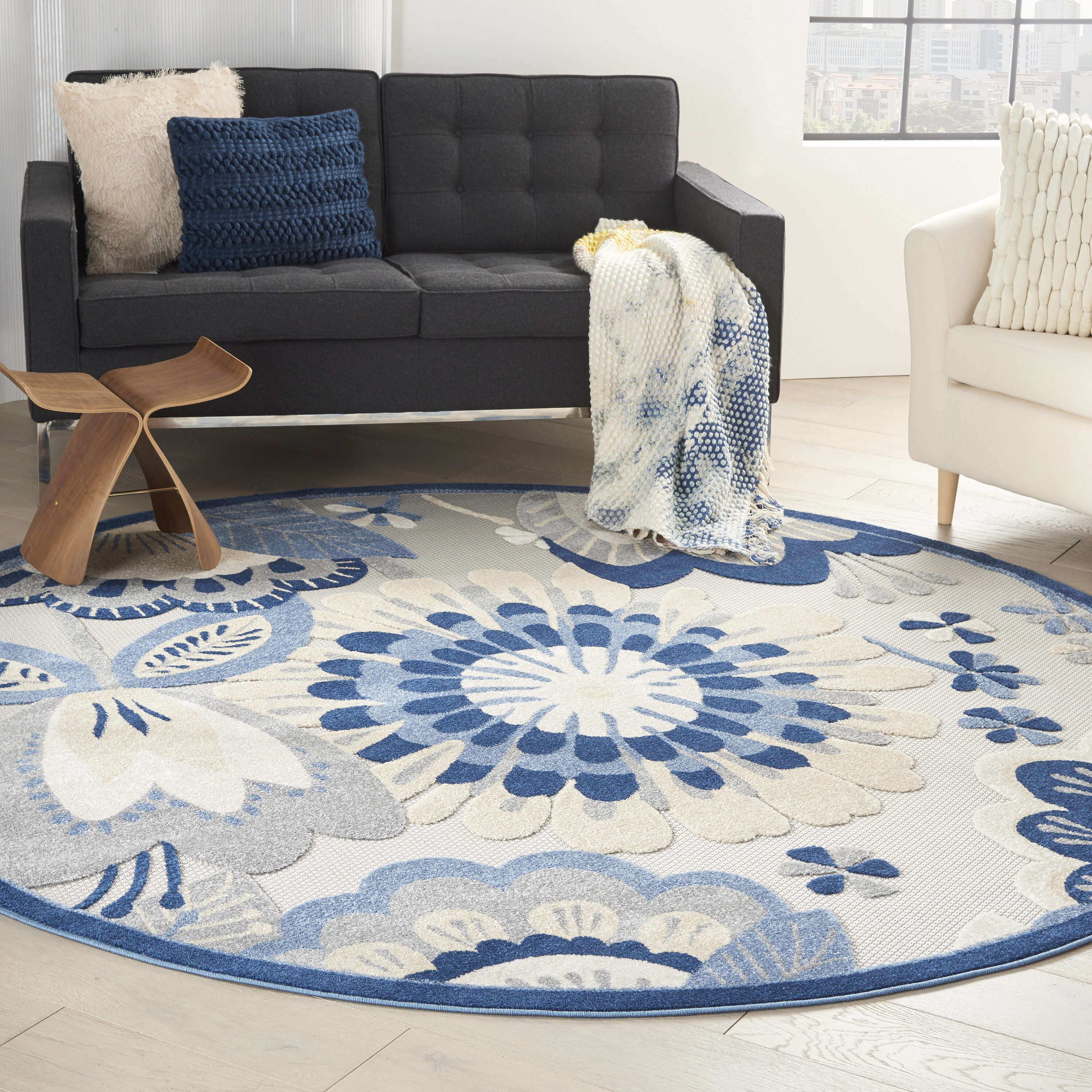 Nourison 99446828880 Aloha 8 x 8 (ft) Loomed Polypropylene Blue/Grey Round Indoor/Outdoor Floral/Botanical Area rug