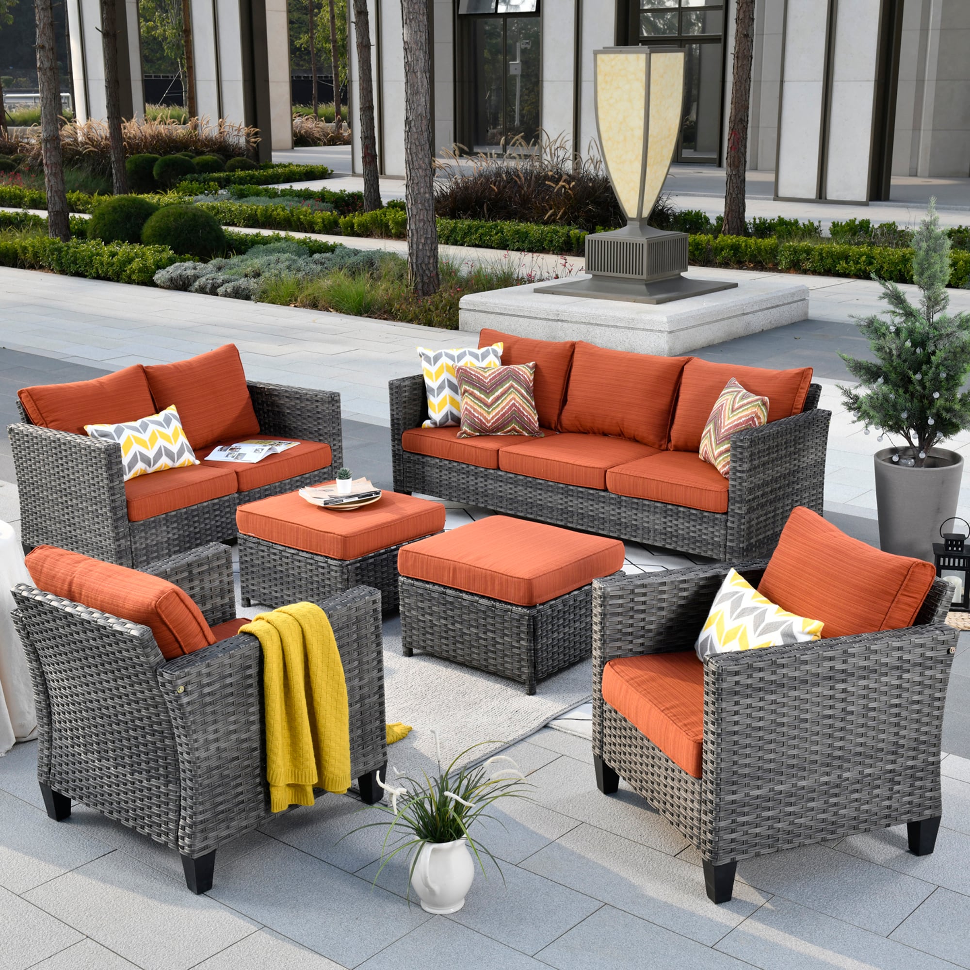 Pouuin 6-Piece Wicker Patio Conversation Set with Red Olefin Cushions ...