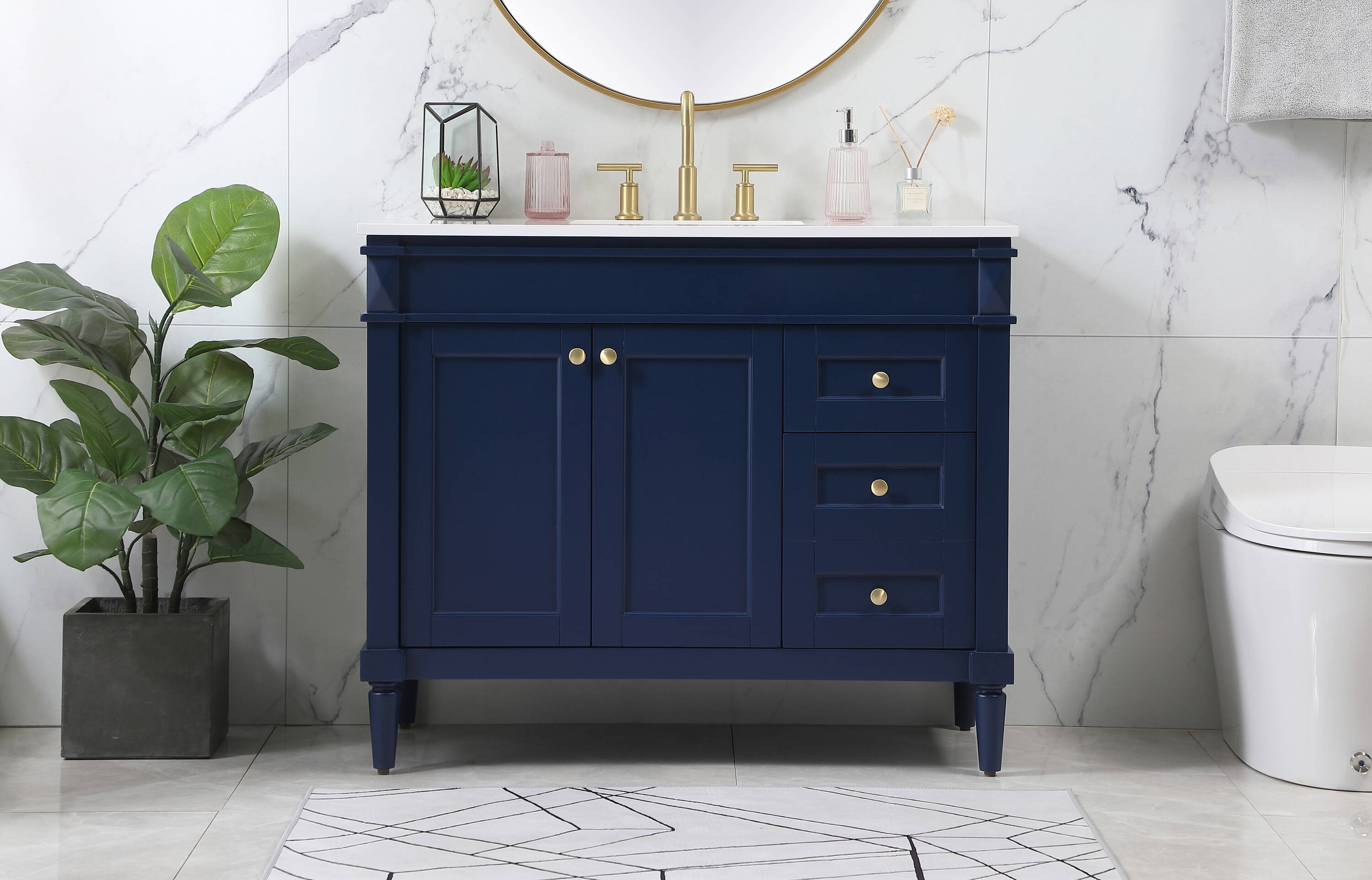 Elegant Decor HF95526BL Home Furnishing 42-in Blue Undermount Single sink Bathroom Vanity with Ivory White Engineered marble Top