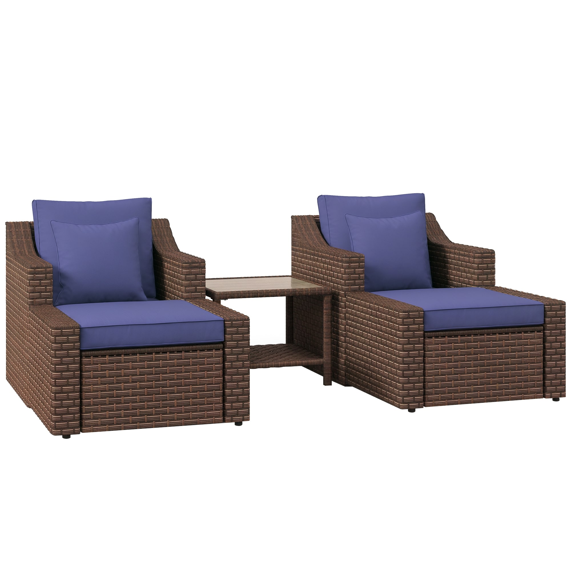 Outsunny 860-126V03BN  5 Piece Patio Furniture Set All Weather PE Rattan Conversation Chair and Ottoman Set with Coffee Table Cushions and Pillows Included for Balcony Porch Deck Pool Lawn Dark Blue