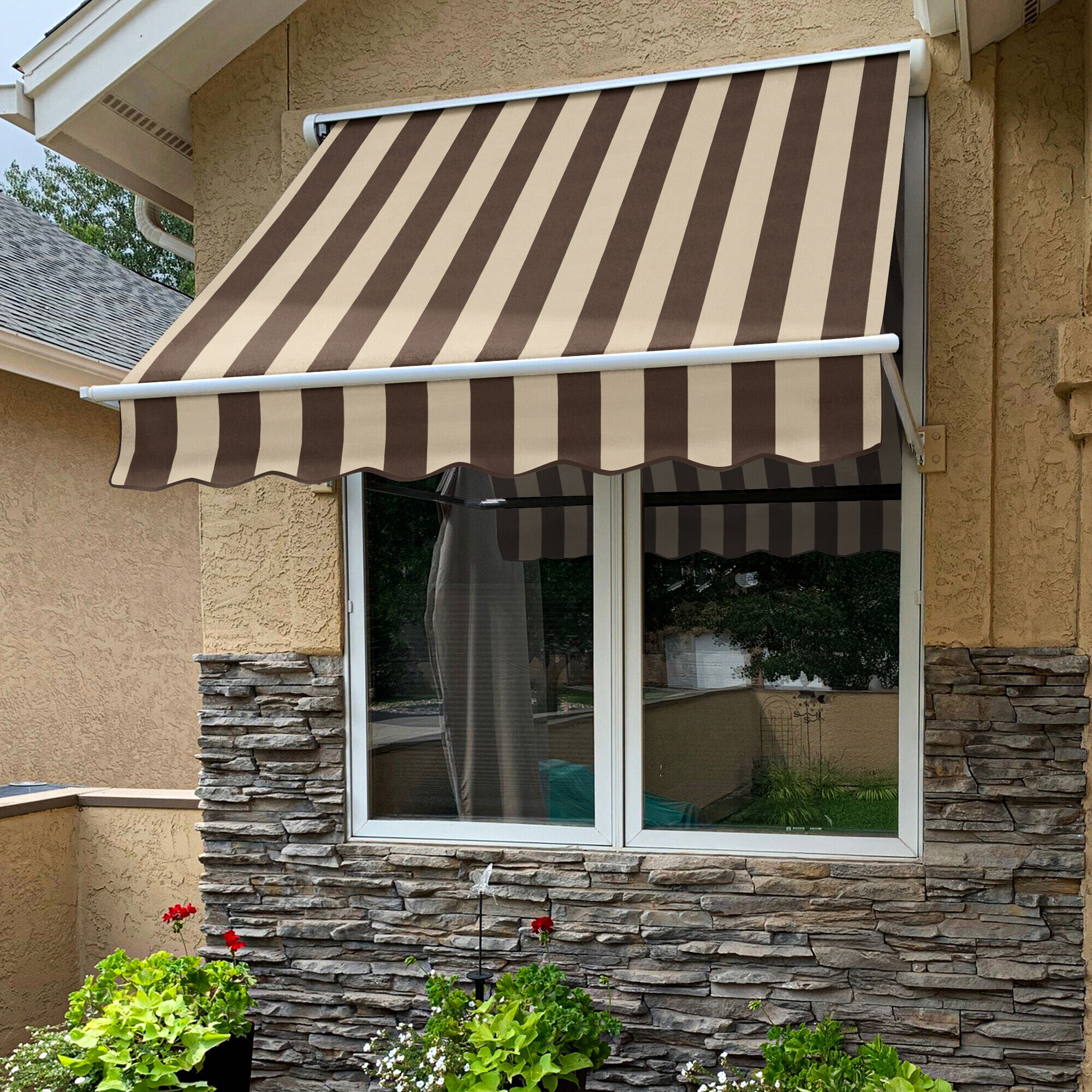 Awntech MS8-L-BRNT Mesa 100.5-in Wide x 24.0-in Projection x 24.0-in Height Fabric Brown/Tan Striped Manual Retractable Window/Door Awning