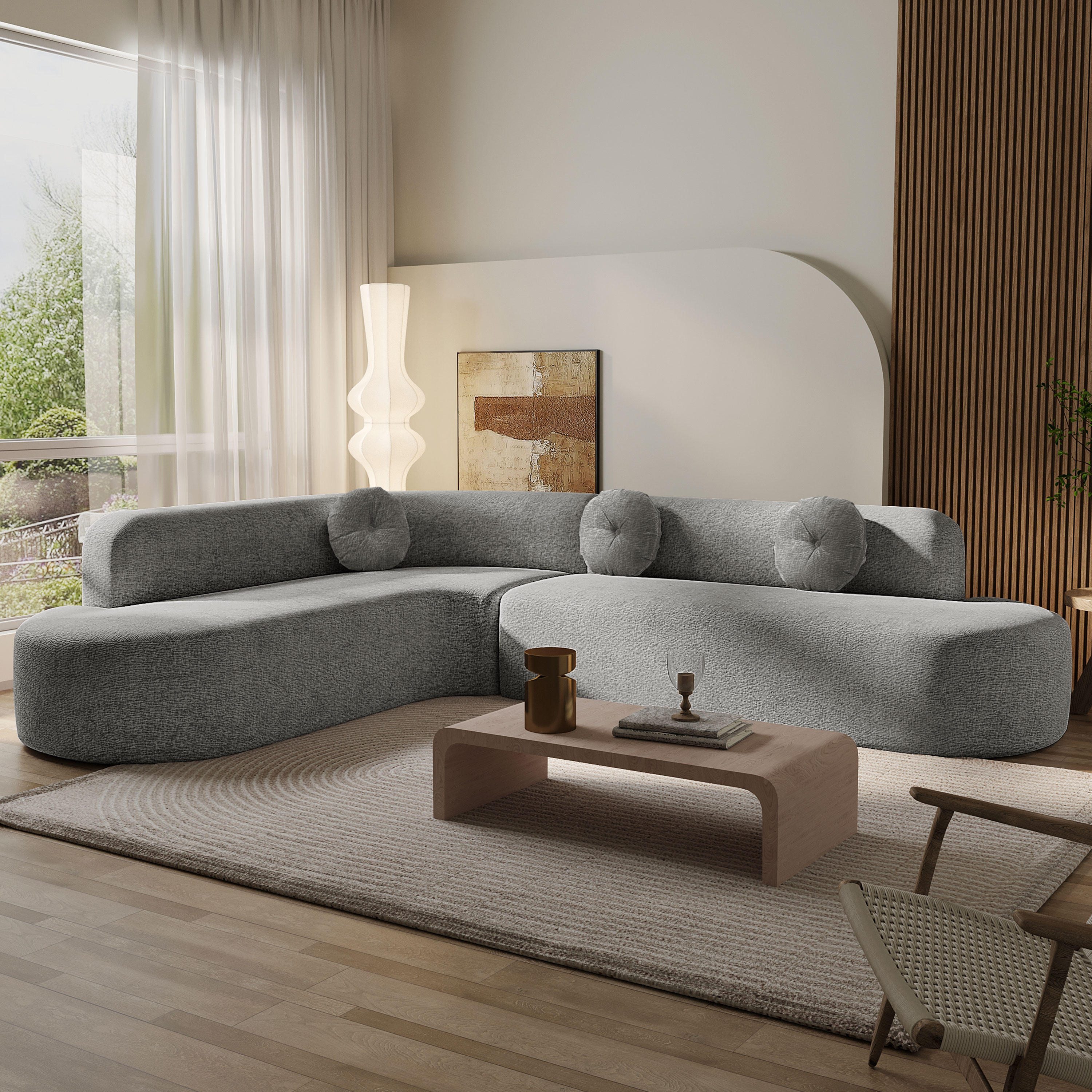 ModernLuxe L3P-N760S0000040E Mirod 122inch Extra Large Sectional Sofa Soft Fabric Upholstery Elegant Curved Design with Three Round Cushions  HighResilience Foam for Ultimate Comfort