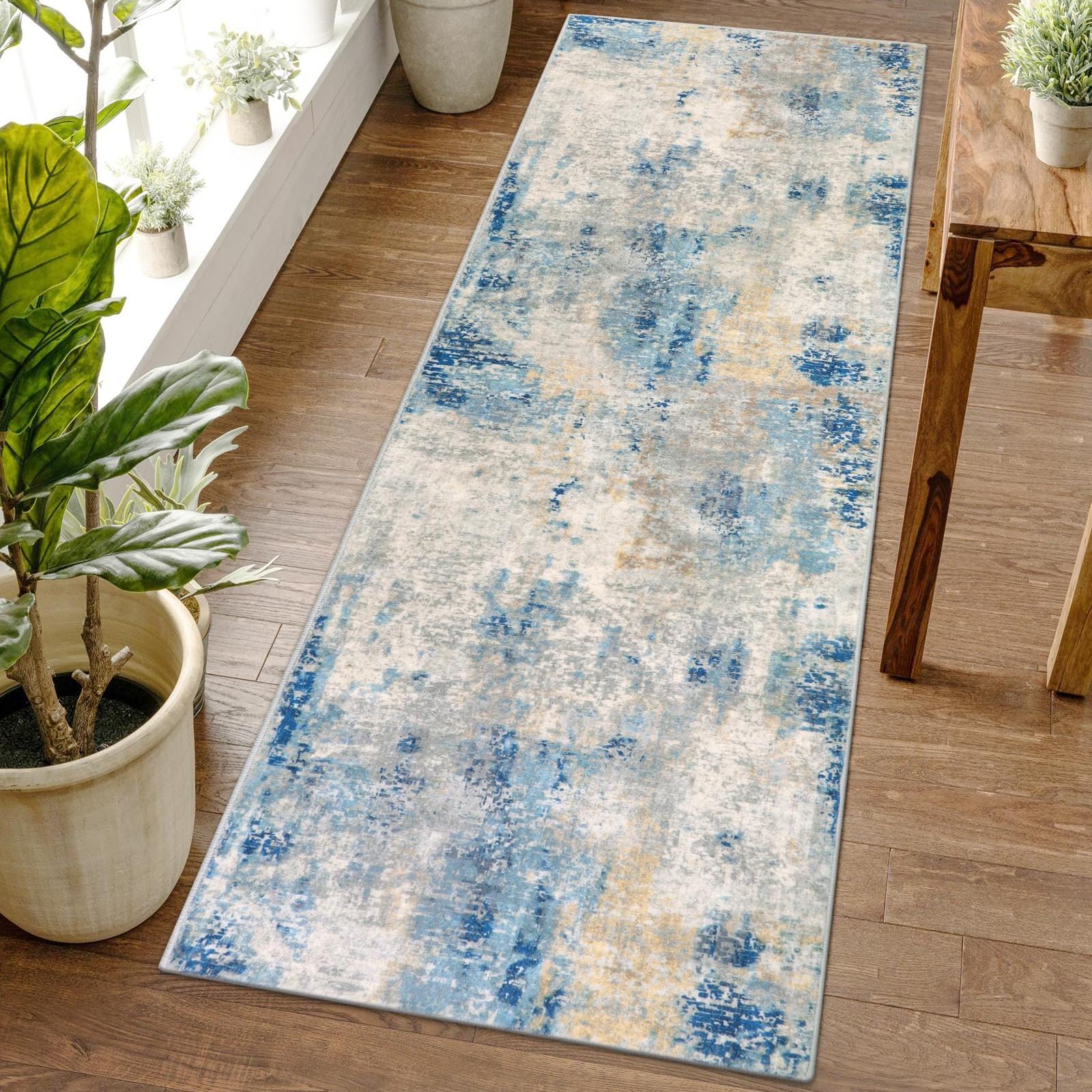 Lahome AR-DYR-037-B3 2 x 6 (ft) Blue Modern Imagery Short Pile Velvet Rectangular Indoor Area Rug