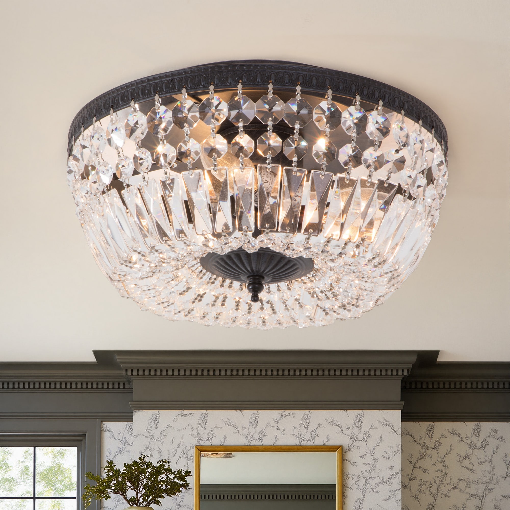 Maxax Ettinger 11.8-in Black Indoor 3 -Light Flush Mount Light Crystal Shade