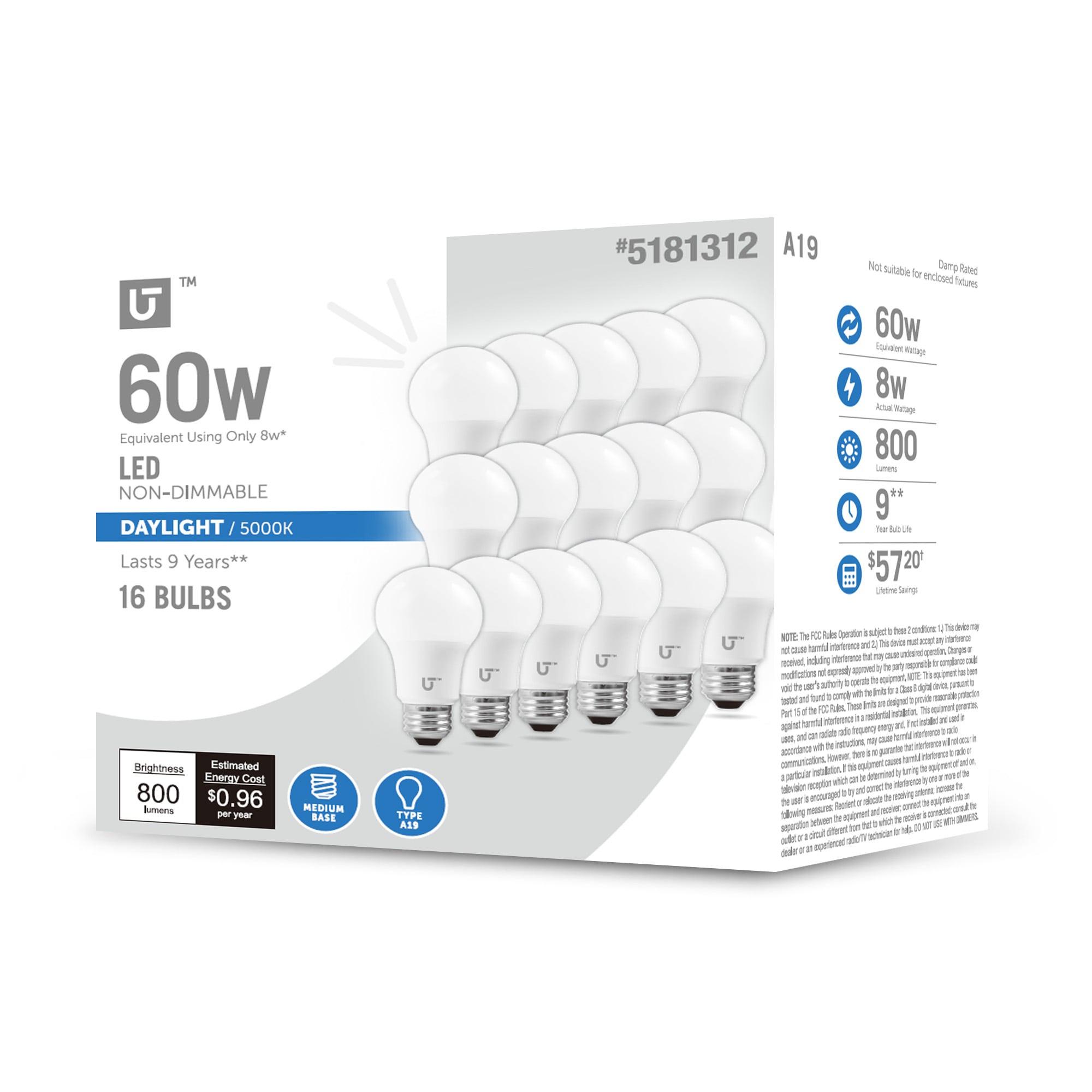 Utilitech YGA03C54-8W-850-16 60 -Watt EQ A19 Daylight E26 LED General purpose Light Bulb 16 -Pack